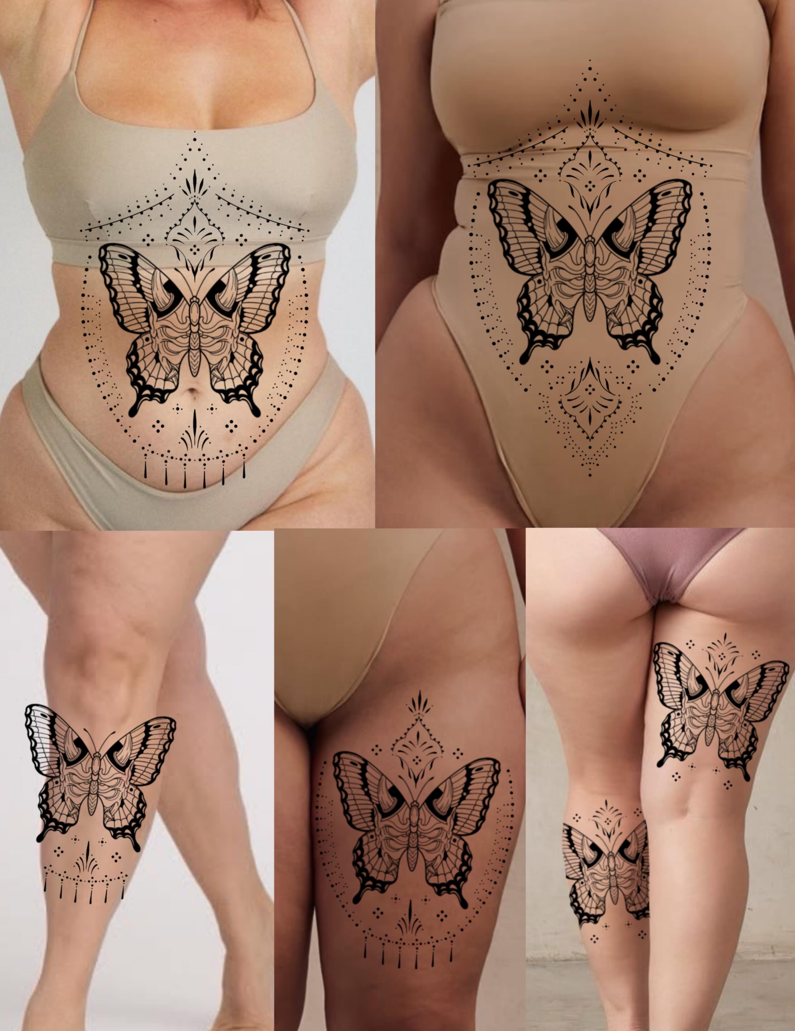 Butterfly dotwork tattoo on the thigh by Natalie