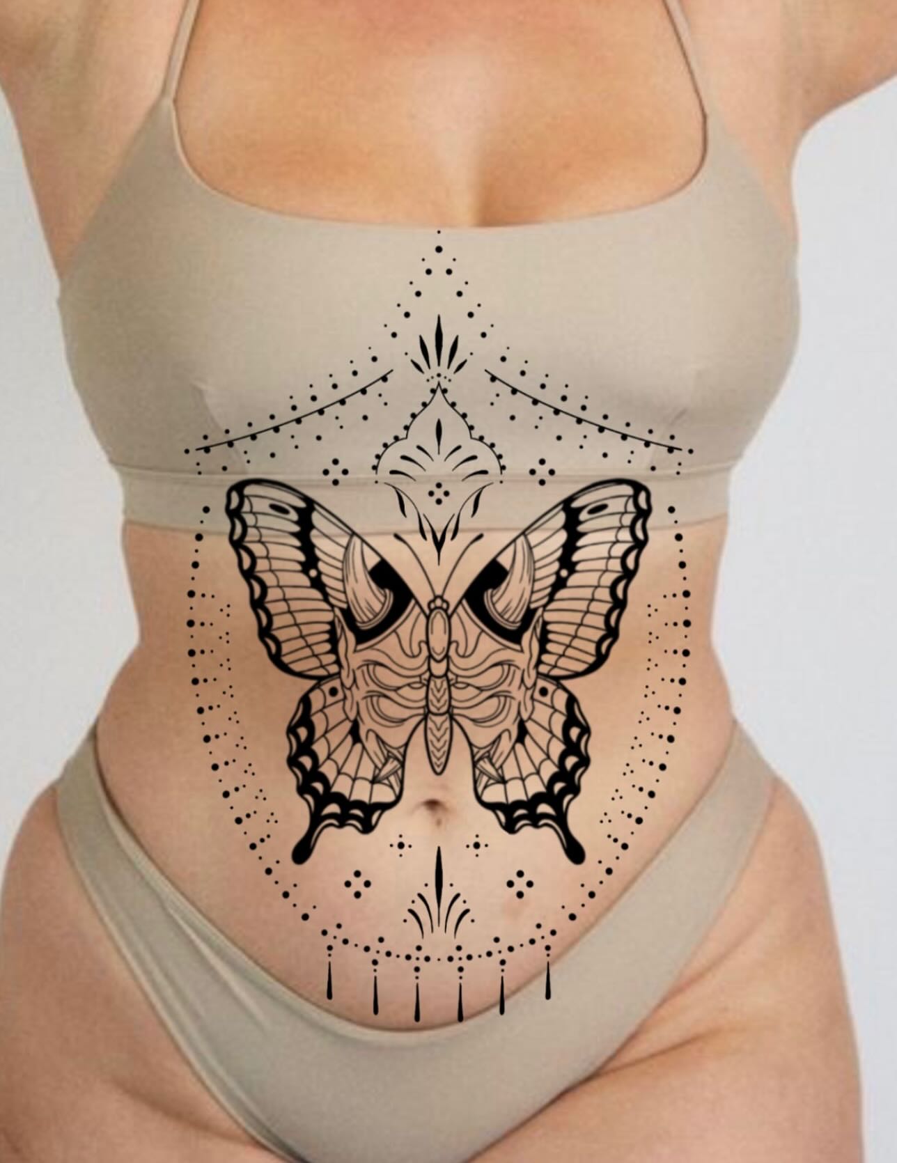 Butterfly dotwork tattoo on the torso by Natalie