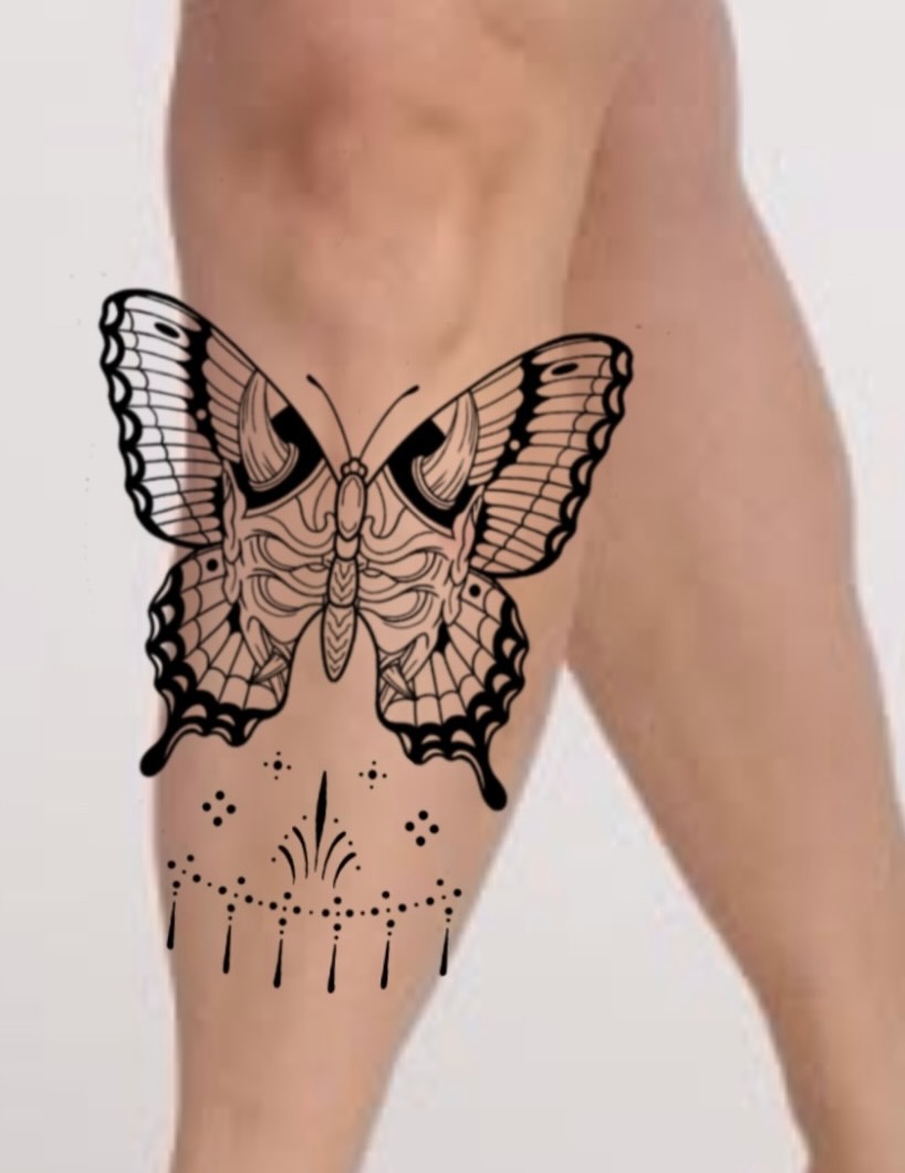 Butterfly dotwork tattoo on the thigh by Natalie
