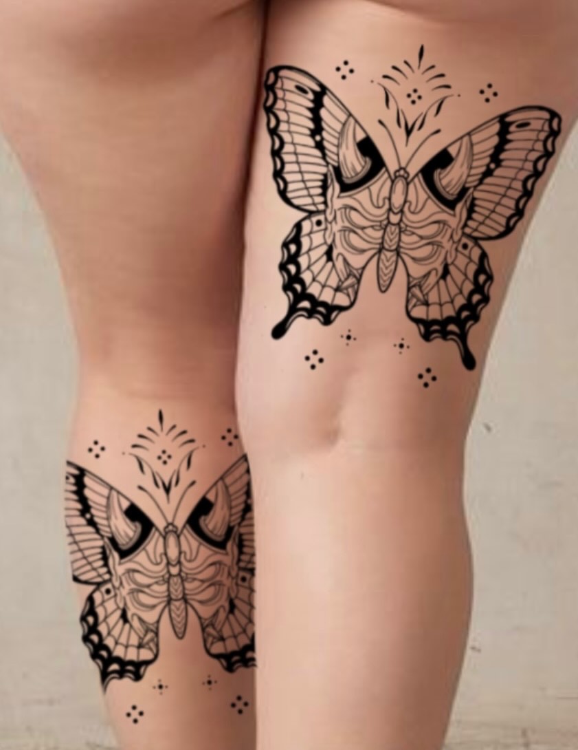Butterfly dotwork tattoo on the thigh by Natalie