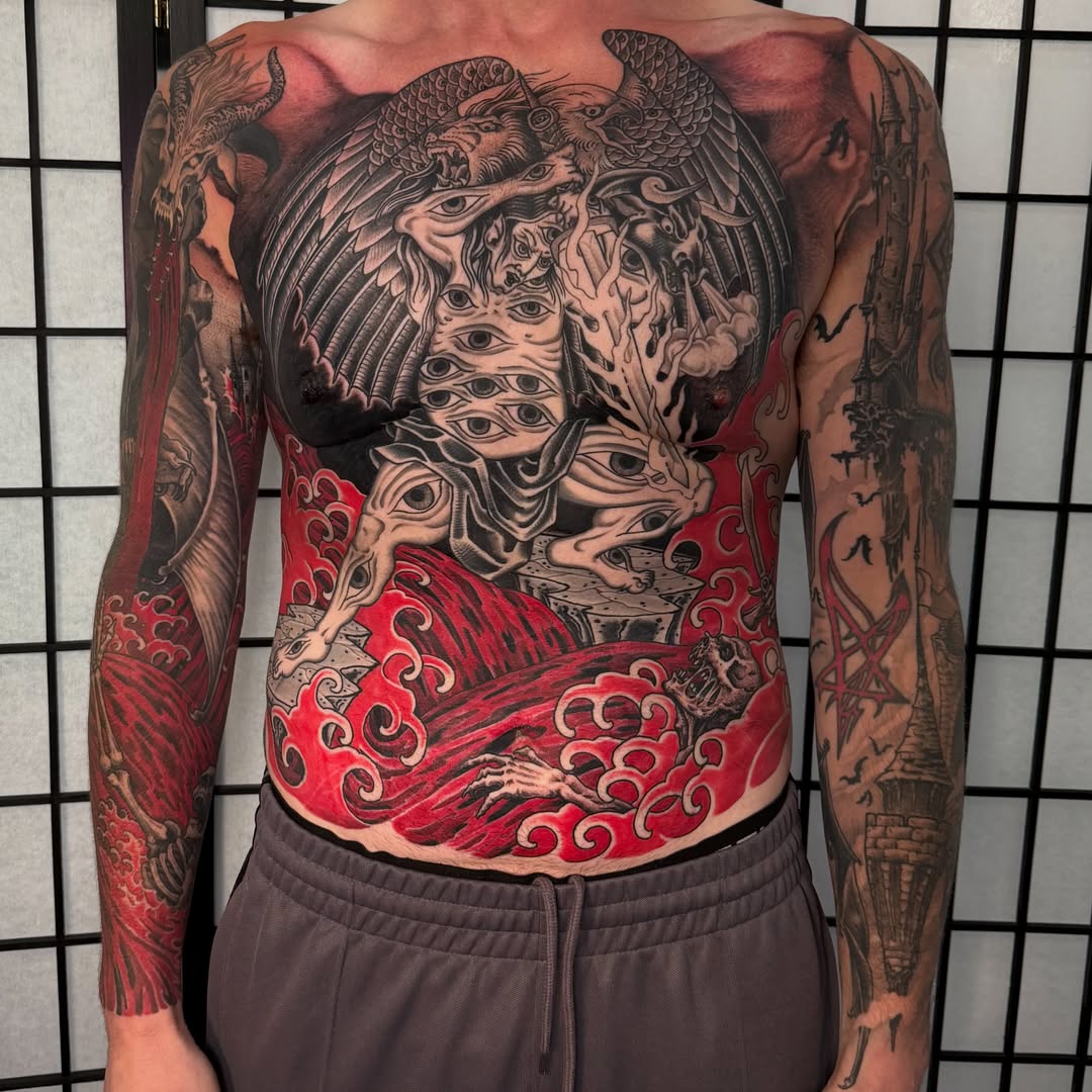 Mythical creature japanese irezumi tattoo on the back by Caleb Baker