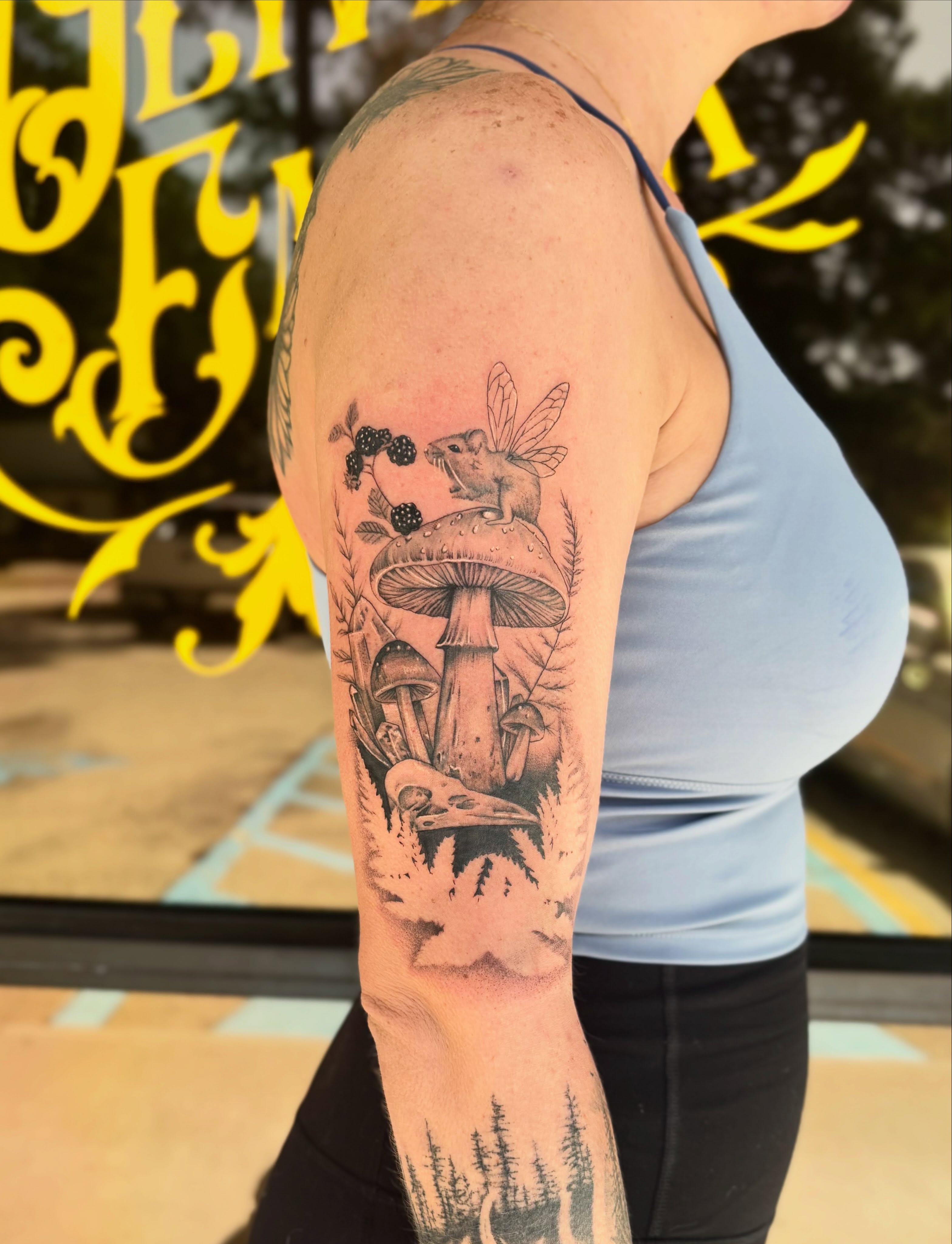 Mushroom fairy realism tattoo on the forearm by Harley Lane ๐ซ