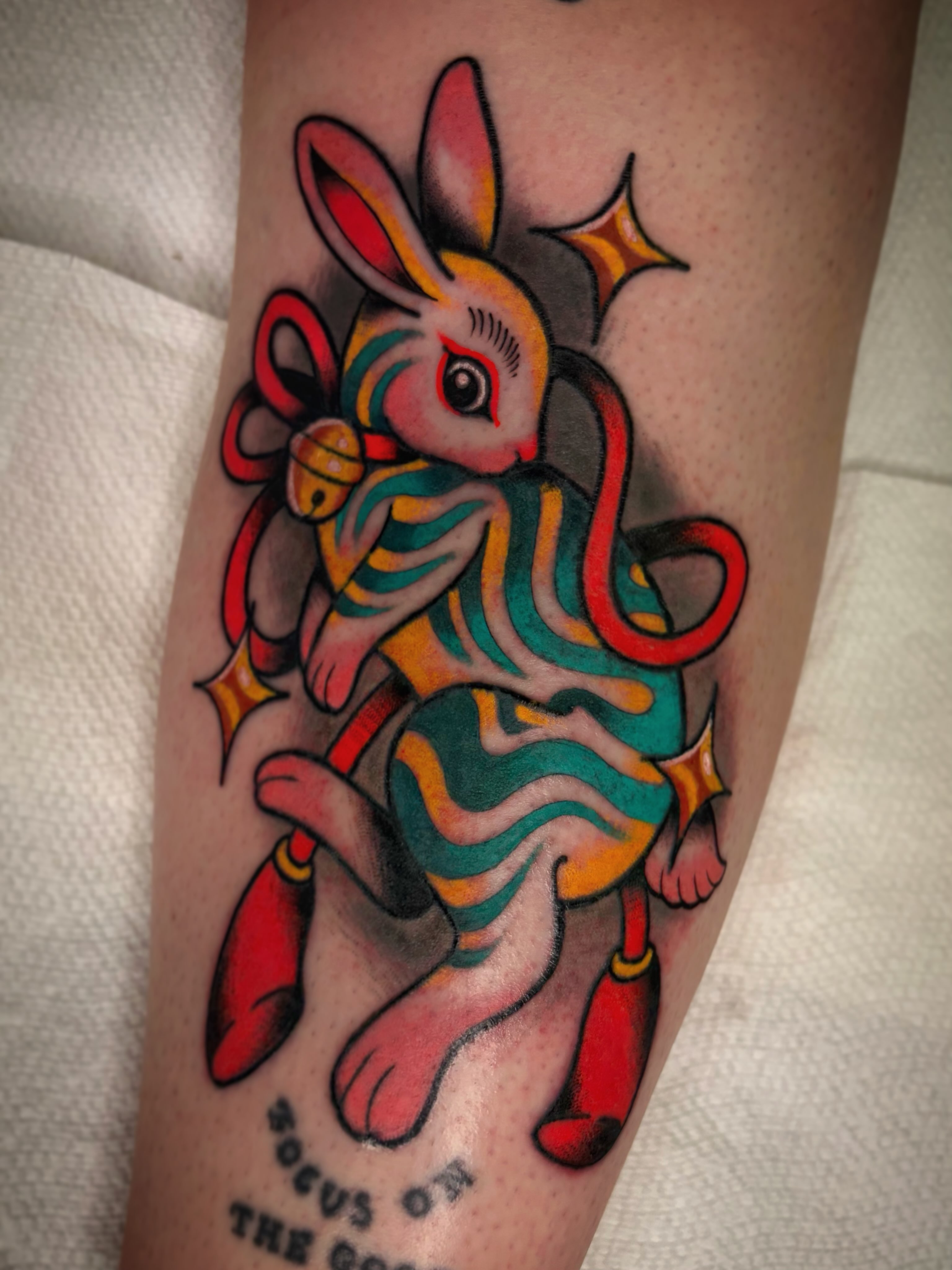 Rabbit American traditional tattoo on the forearm by Kayla Shoffner
