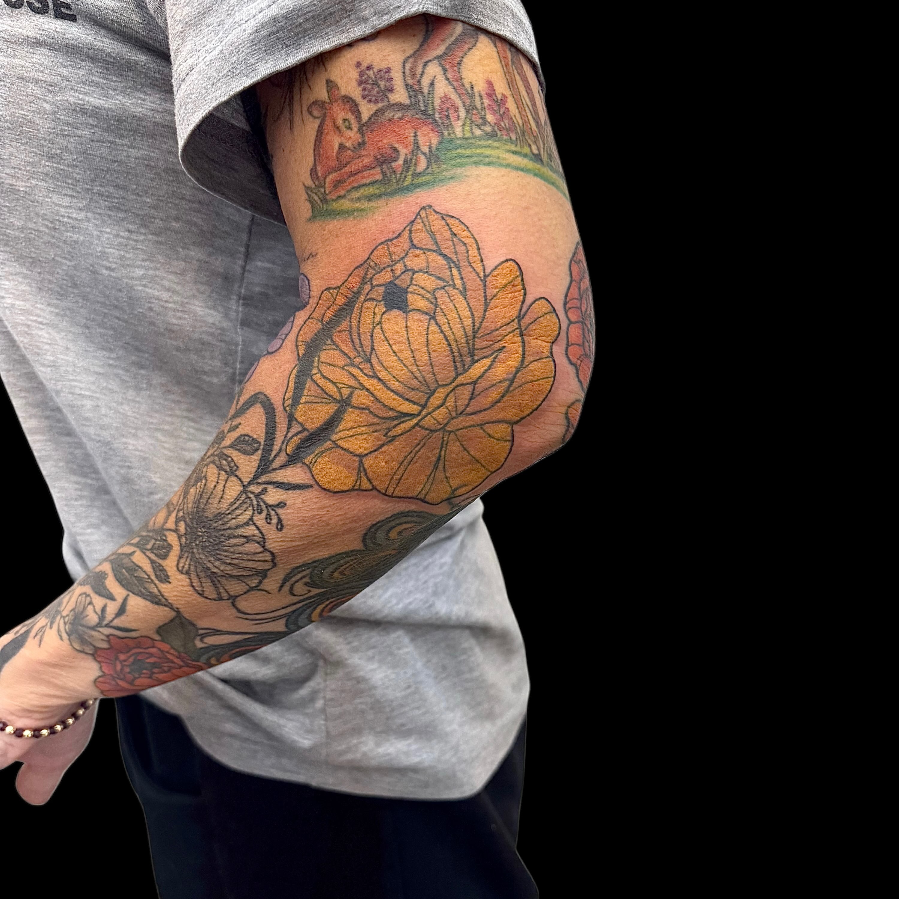 Peony flower American traditional tattoo on the forearm by Abby Ash, Belington, West Virginia