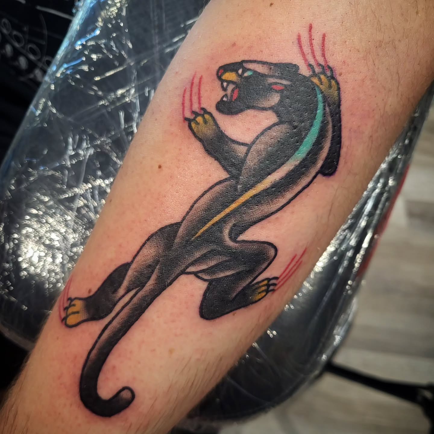 Panther American traditional tattoo on the forearm by Sloan Smith