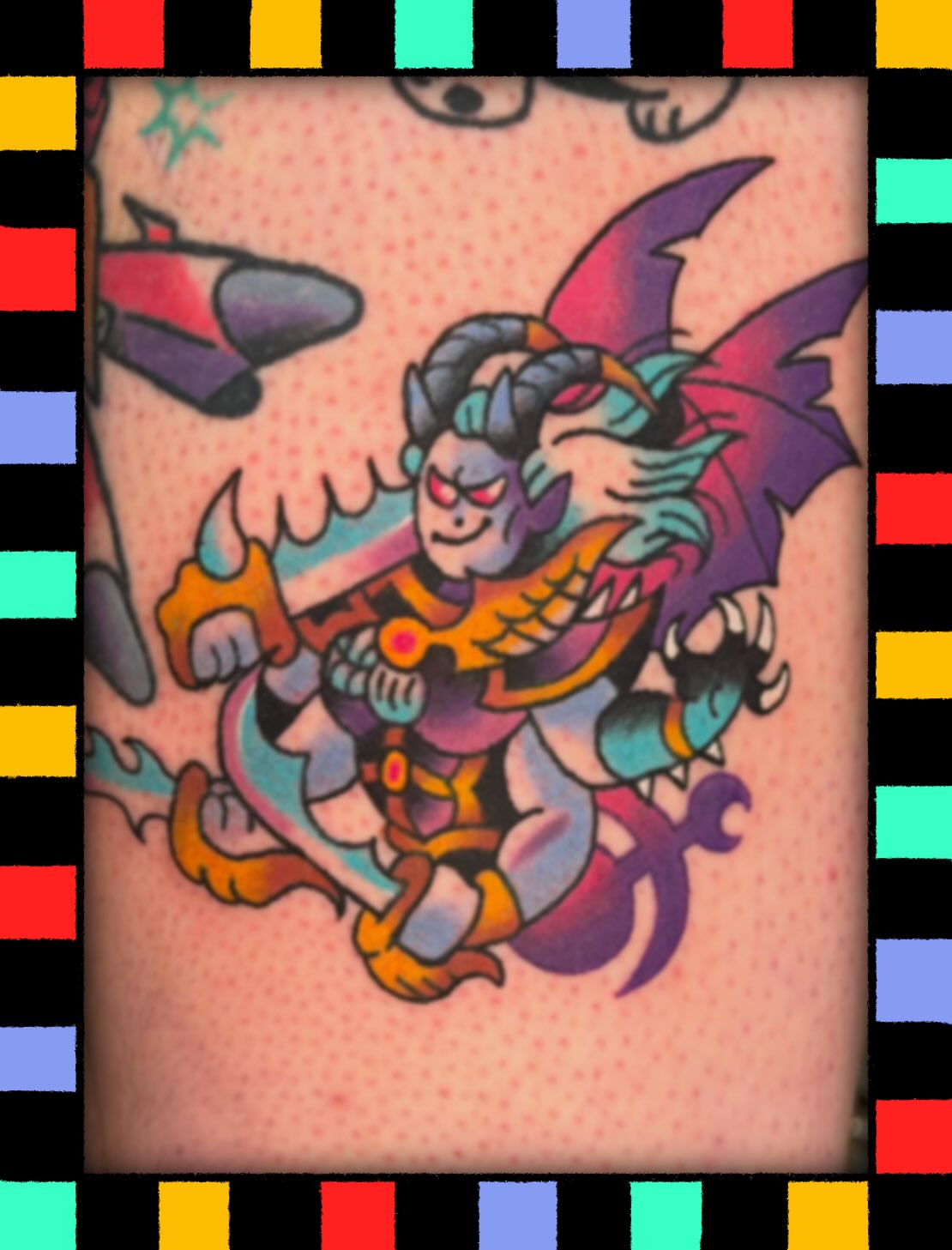 Demon warrior American traditional tattoo on the forearm by Gus Roach Graves