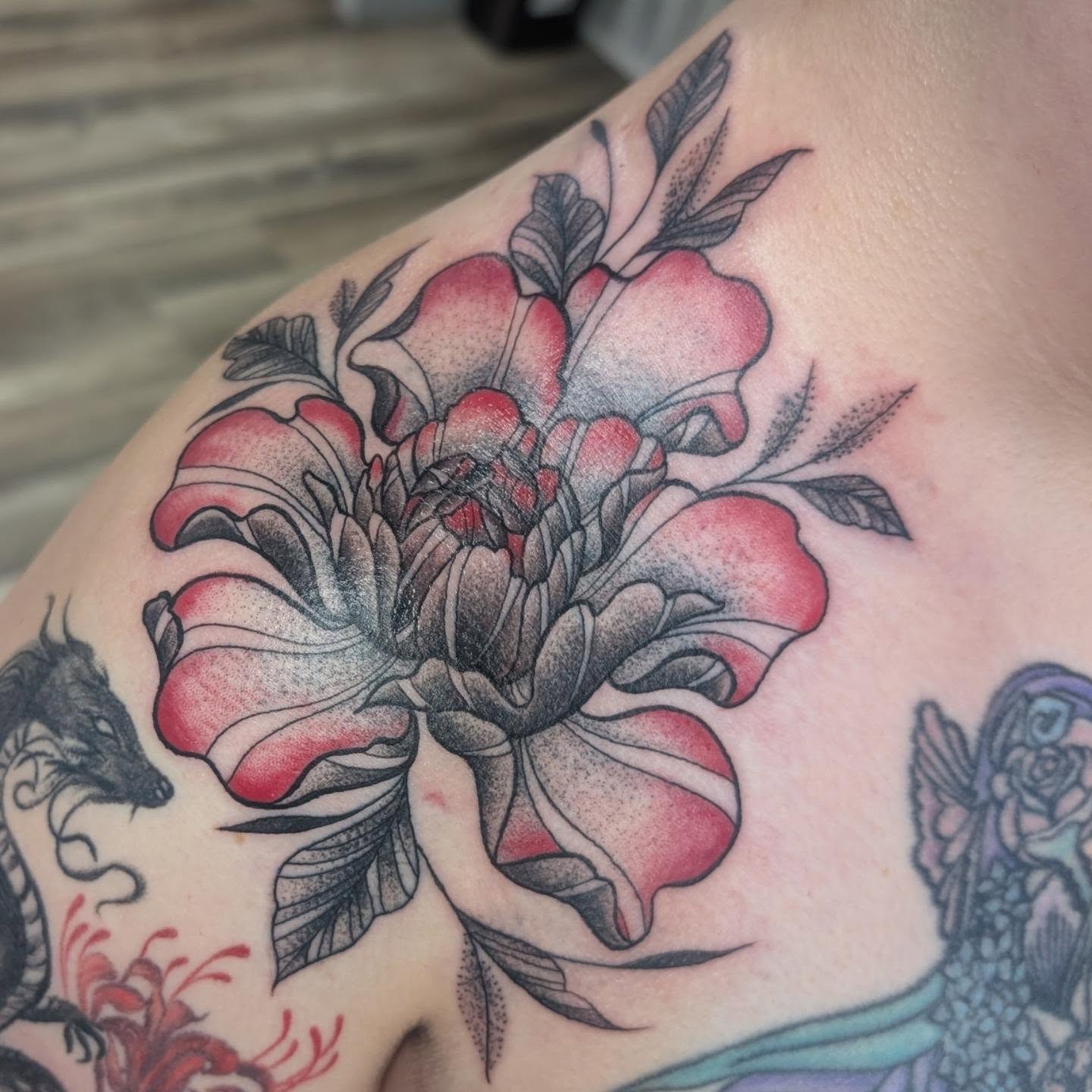 Peony dotwork tattoo on the shoulder by Talia Zula, Loveland, Ohio