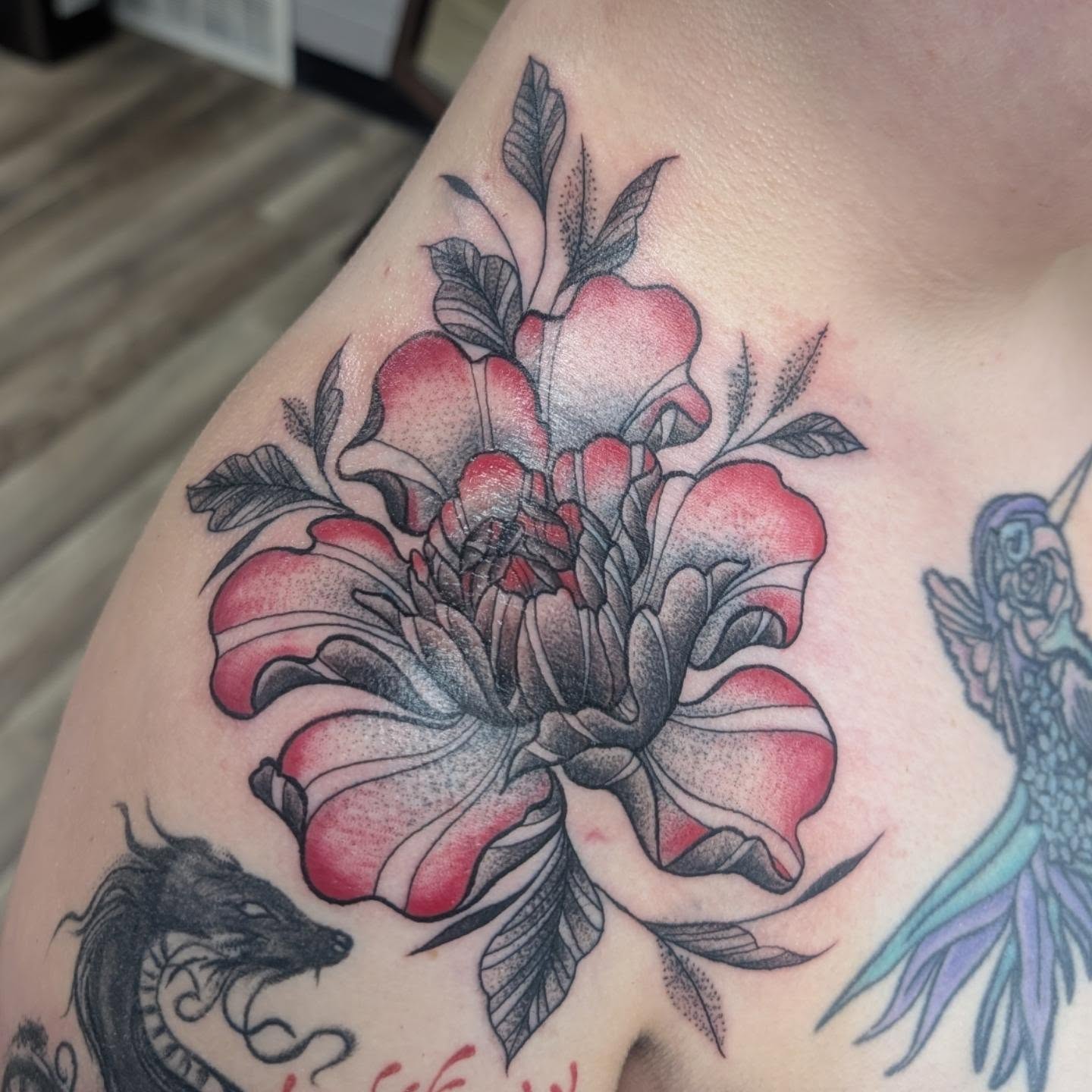 Peony dotwork tattoo on the shoulder by Talia Zula, Loveland, Ohio