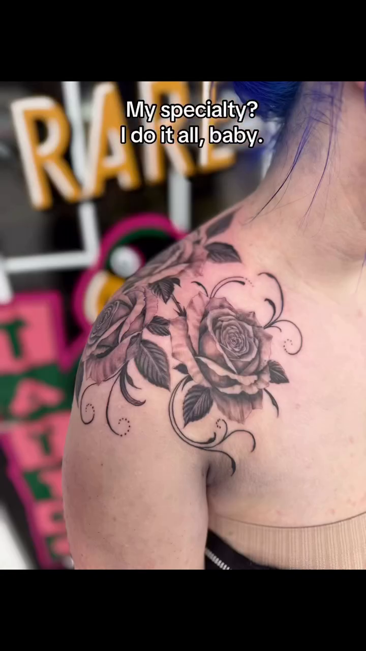Rose and leaves realism tattoo by Aura Noire