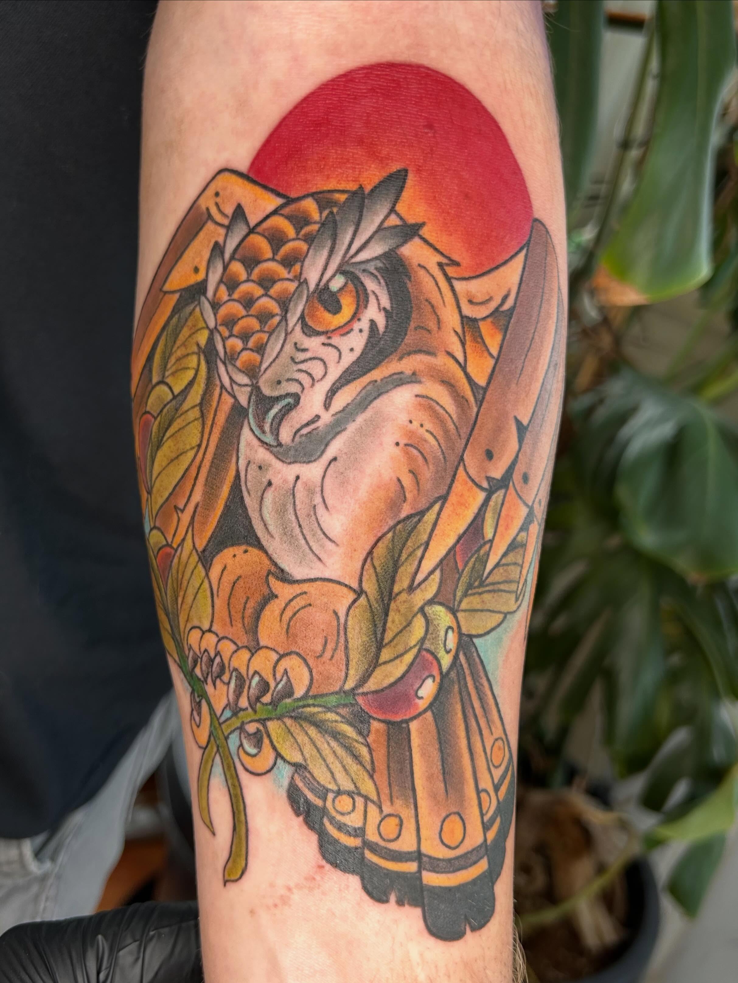 Owl American traditional tattoo on the forearm by Reilley Earles