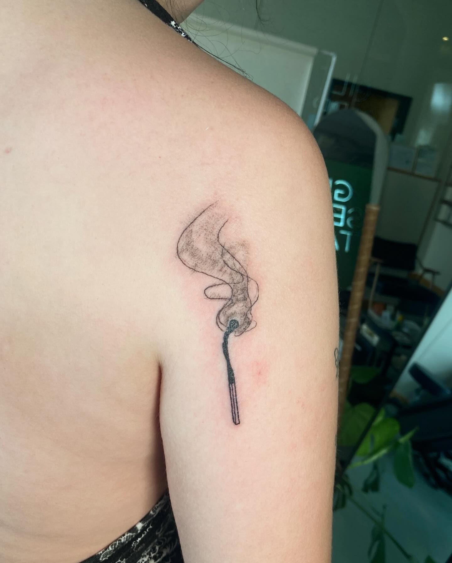 Matchstick with smoke black and grey tattoo on the shoulder by james <3