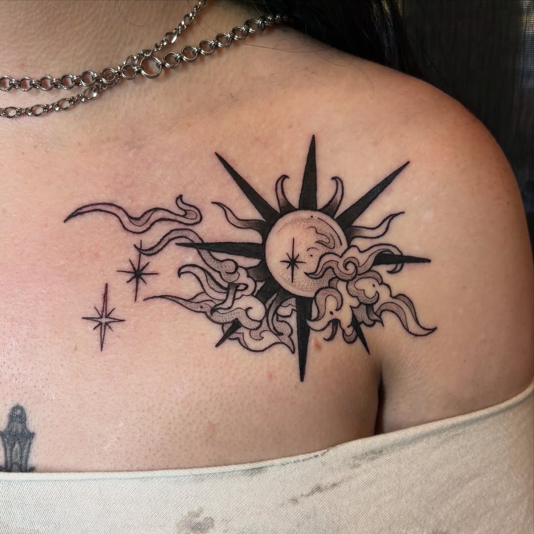 Sun and stars black and grey tattoo on the shoulder by ๐ฅ Jas ๐ฅ