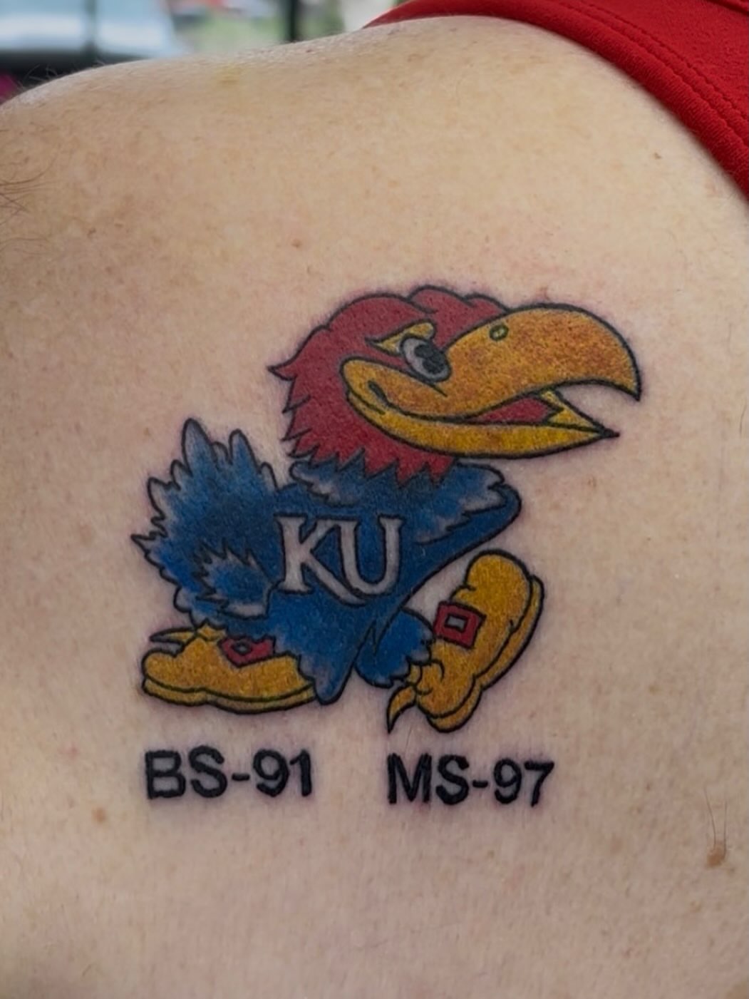 Jayhawk American traditional tattoo on the shoulder by Sam Hearnen, Lawrence, Kansas