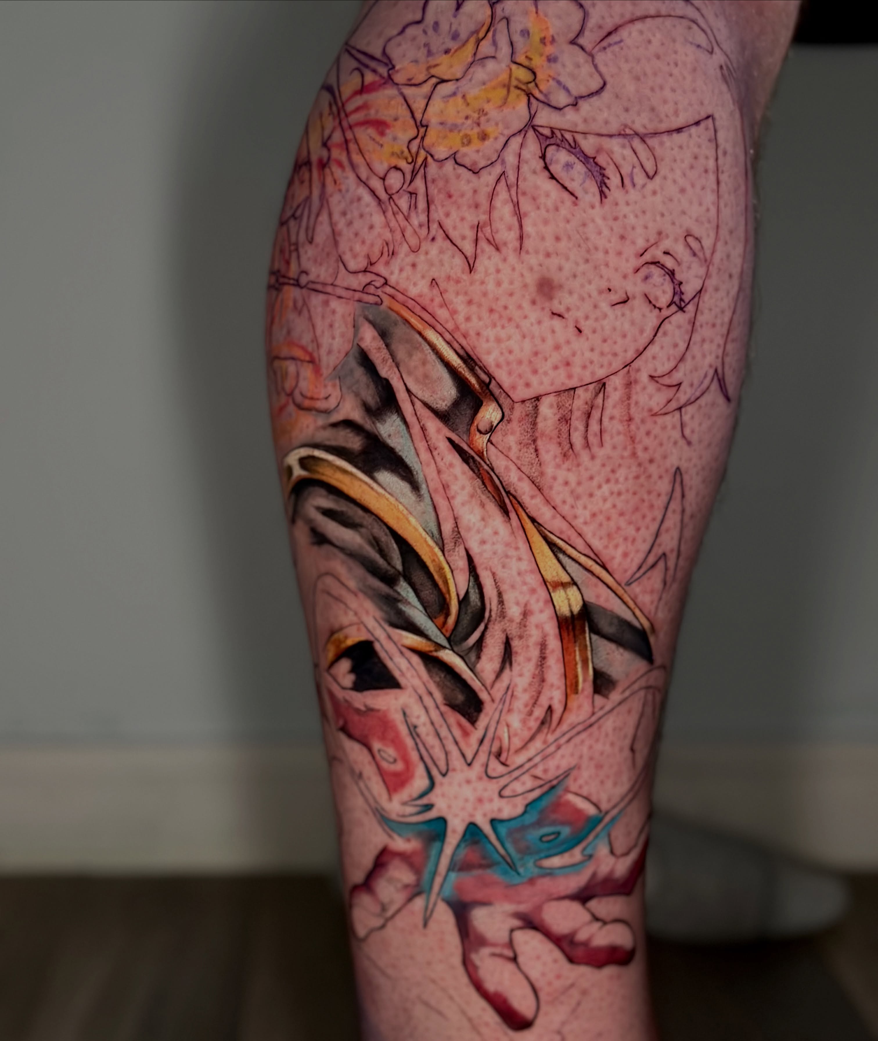 Anime character anime tattoo on the forearm by Trent Hebert