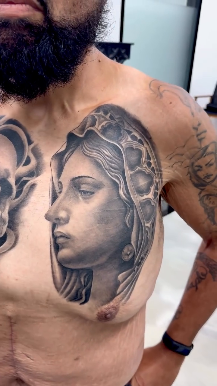 Skull and woman's portrait realism tattoo by Brandon Patino