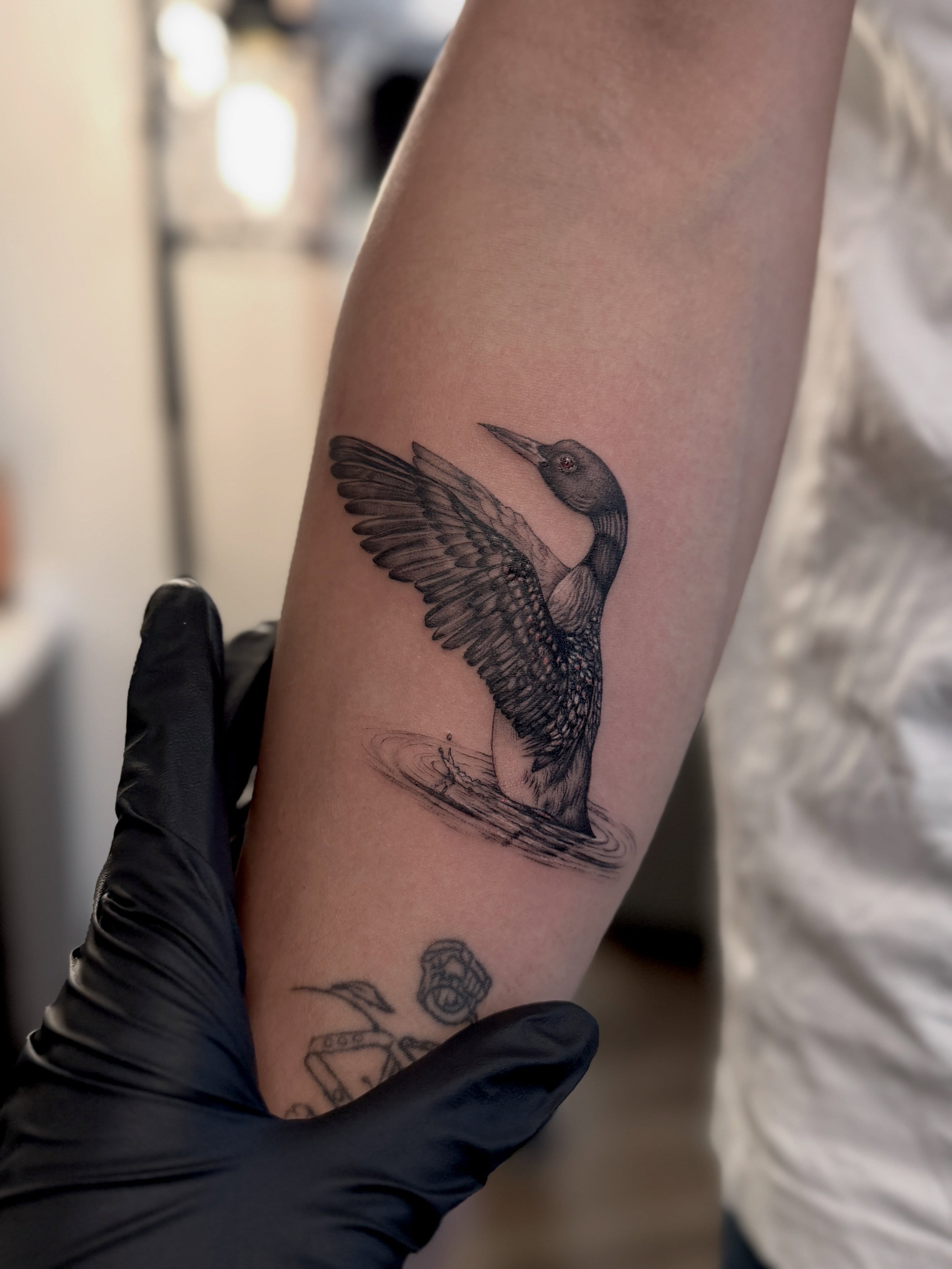 Loon black and grey tattoo on the forearm by Aristova Anastasia