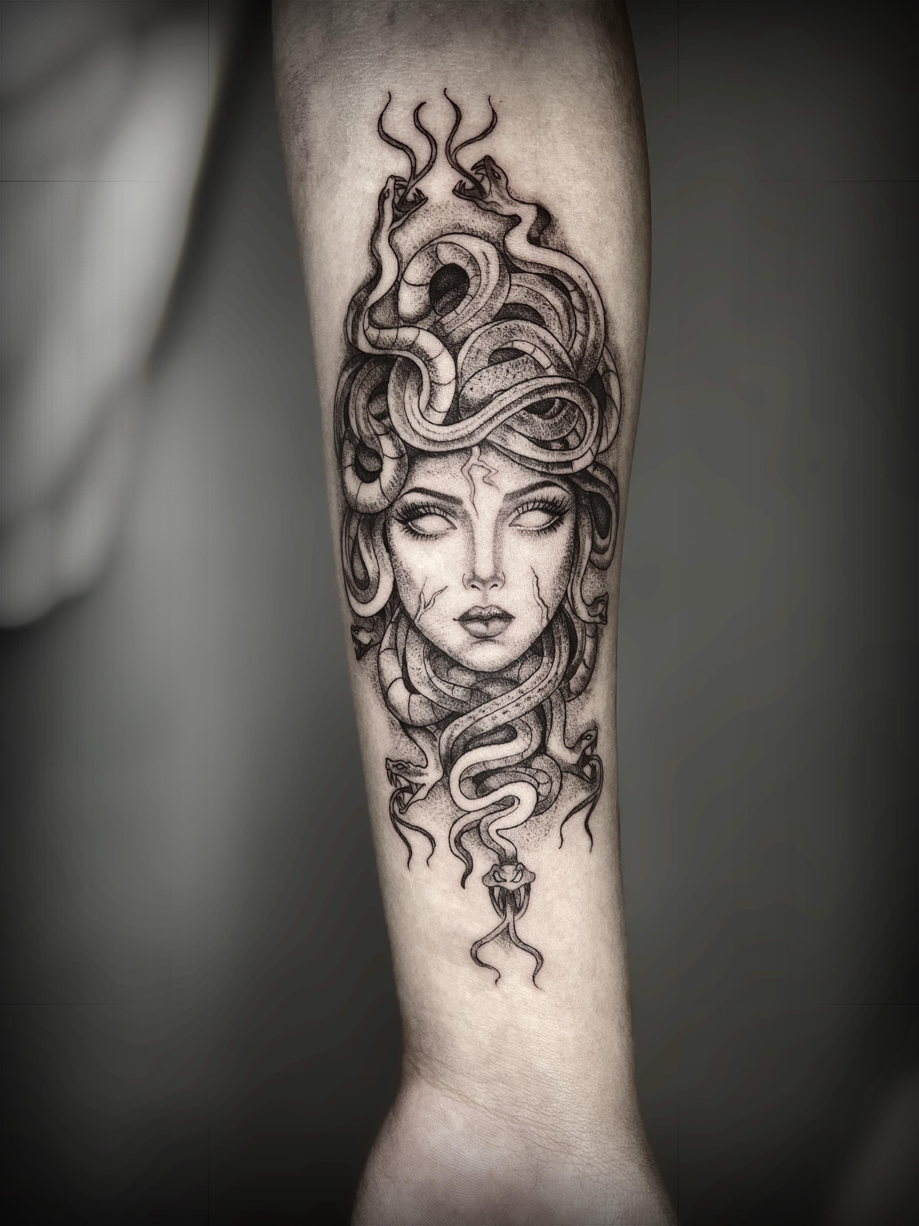 Medusa dotwork tattoo on the forearm by ๐ฆ๐๐๐ก ๐ฆ๐๐๐
