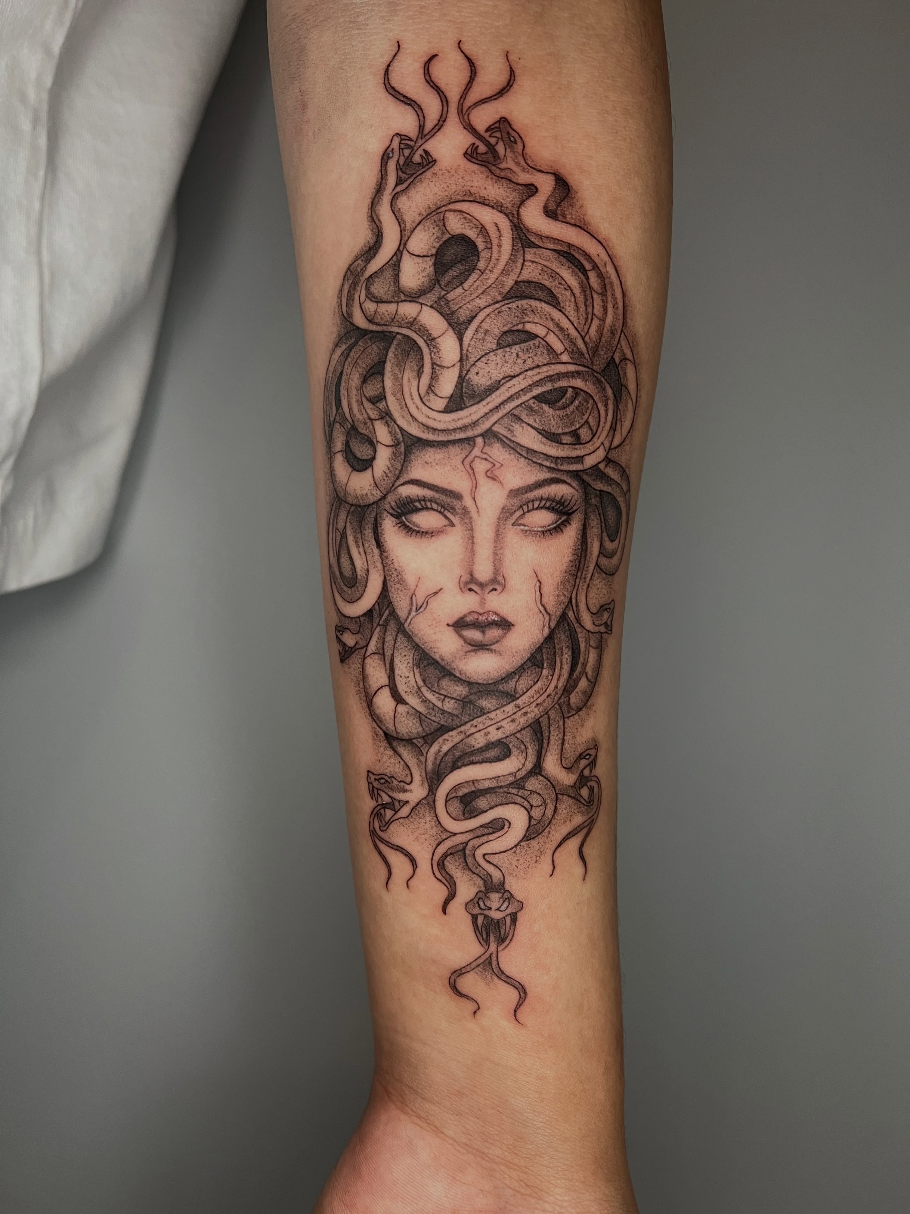 Medusa dotwork tattoo on the forearm by ๐ฆ๐๐๐ก ๐ฆ๐๐๐