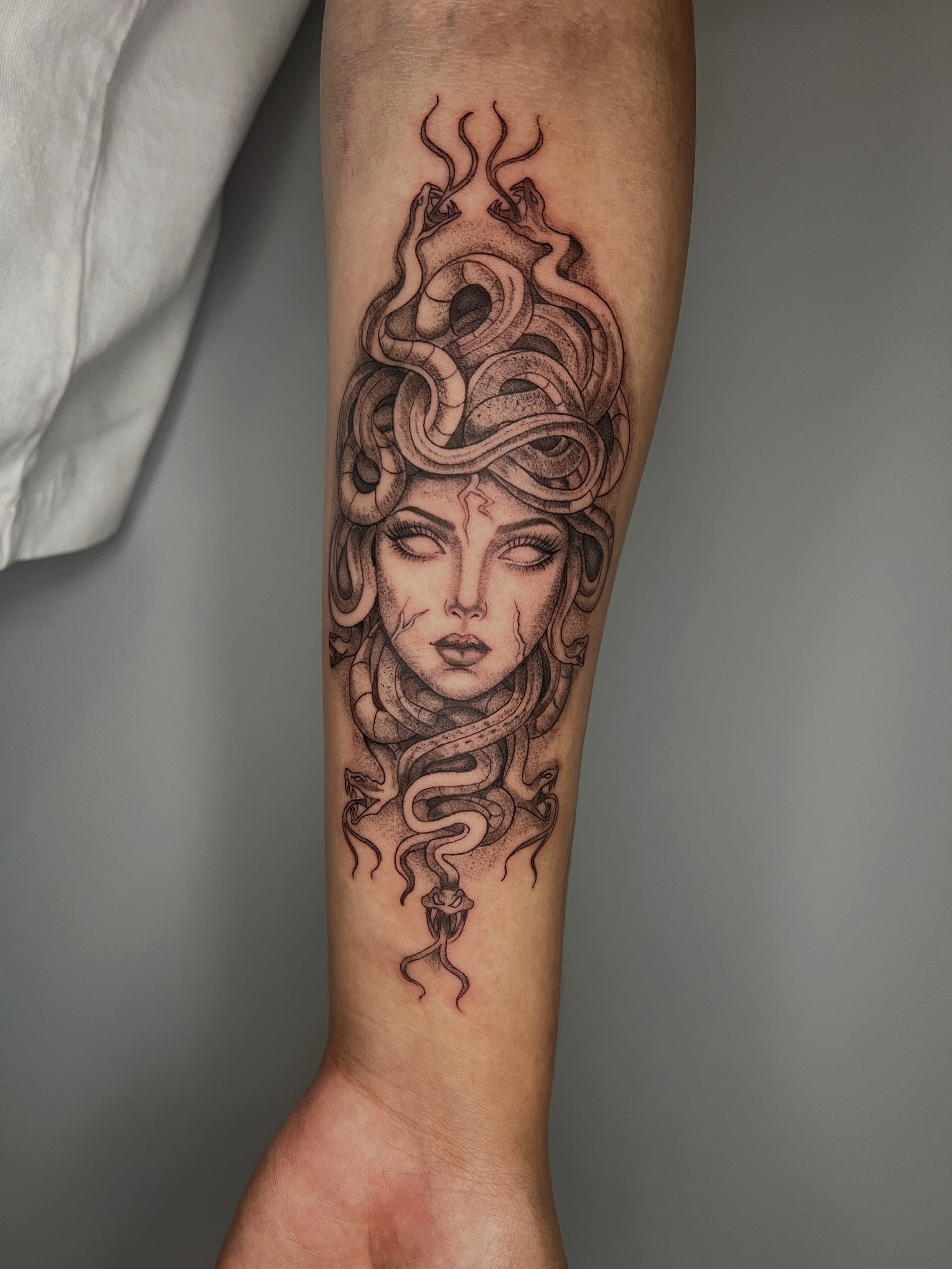 Medusa dotwork tattoo on the forearm by ๐ฆ๐๐๐ก ๐ฆ๐๐๐
