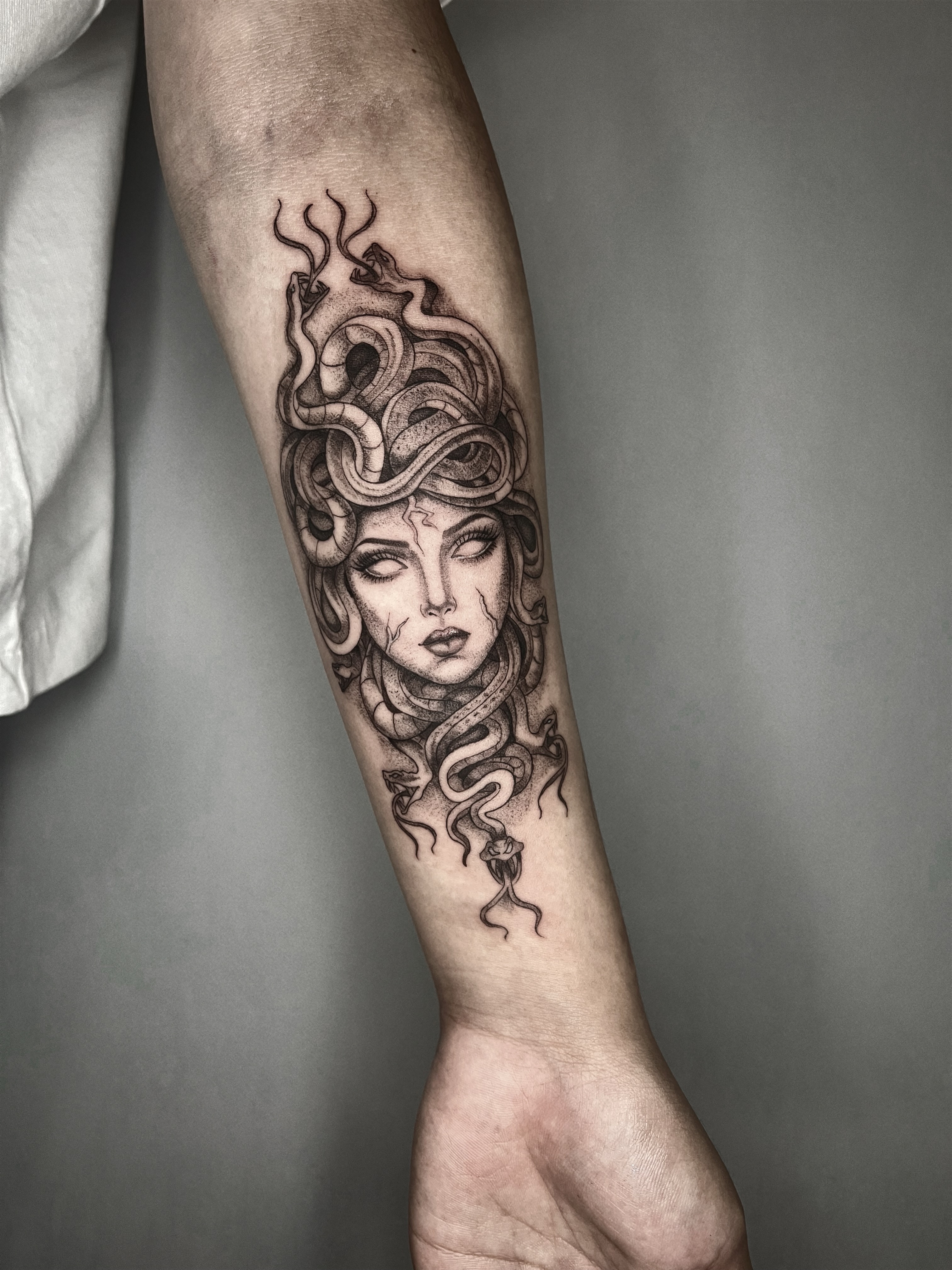Medusa dotwork tattoo on the forearm by ๐ฆ๐๐๐ก ๐ฆ๐๐๐