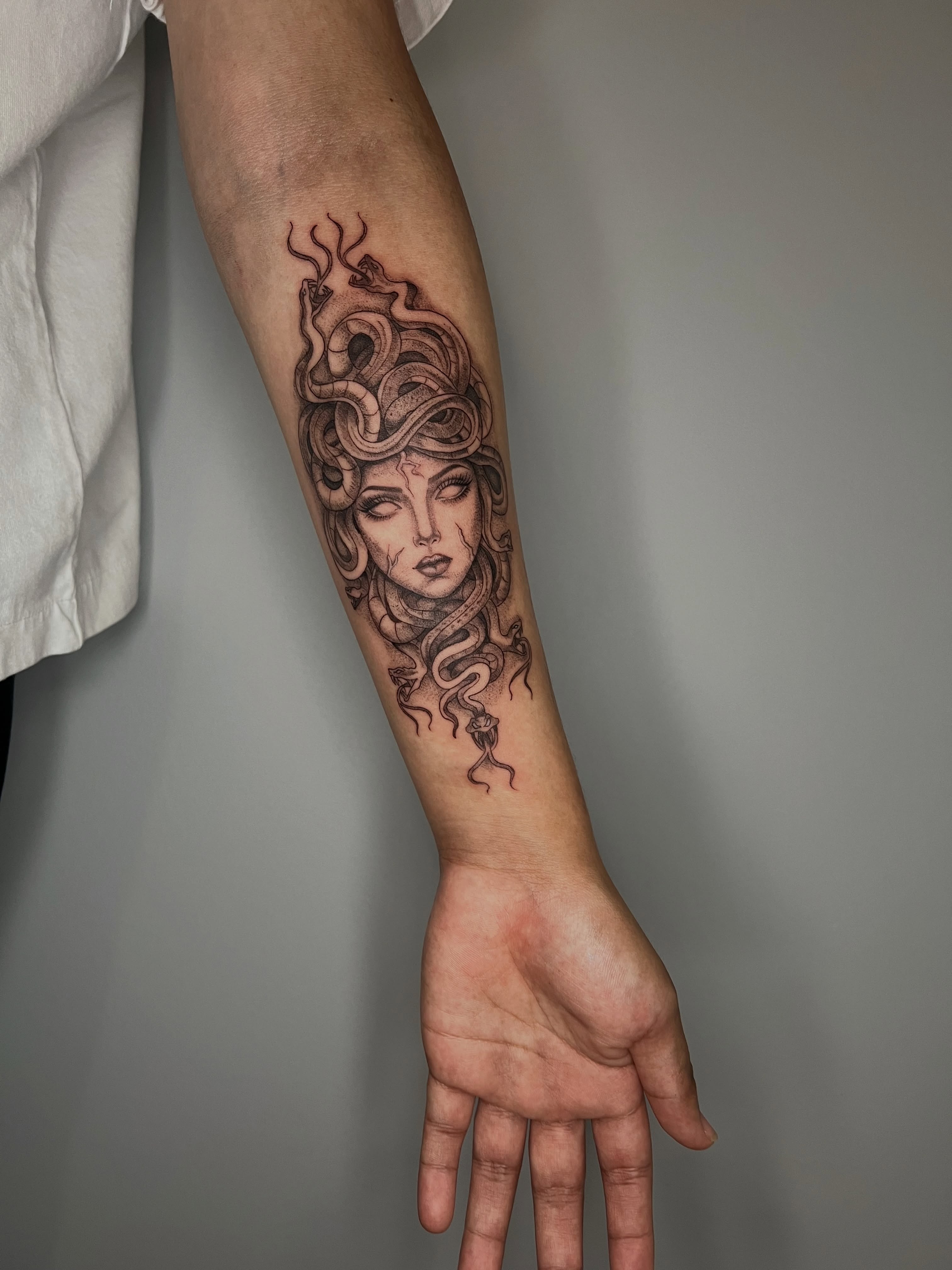 Medusa realism tattoo on the forearm by ๐ฆ๐๐๐ก ๐ฆ๐๐๐