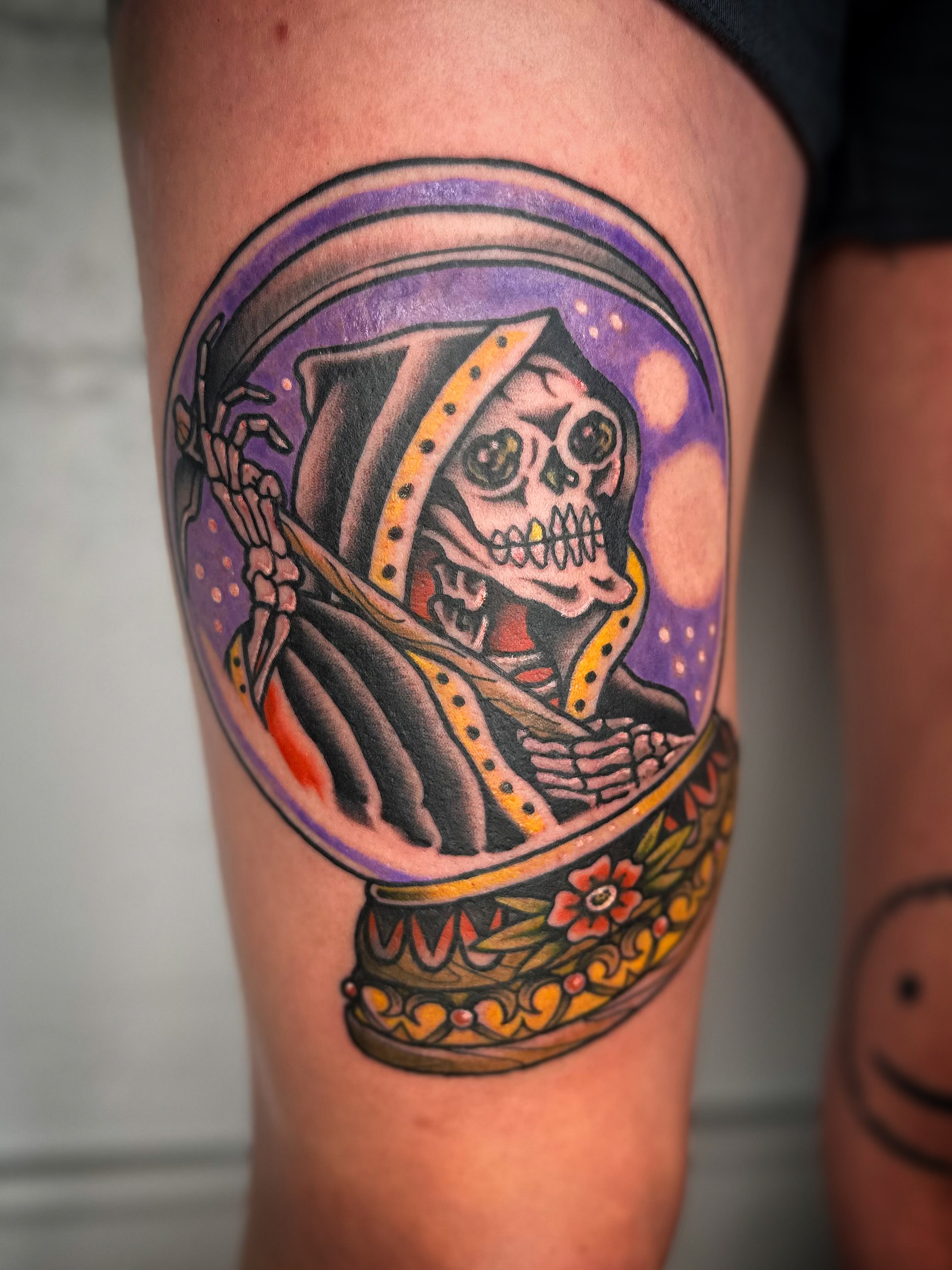 Skeleton in sombrero American traditional tattoo on the thigh by mia palau