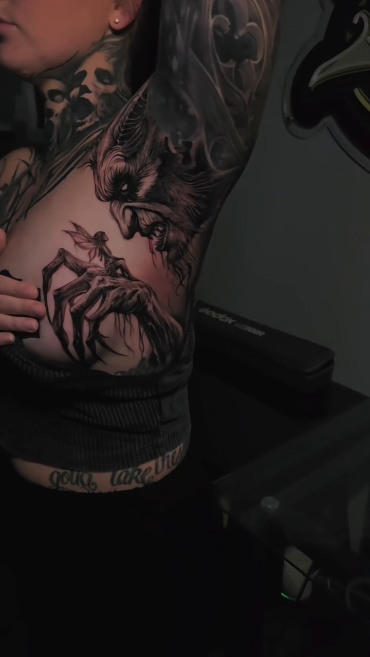 Creature and spider dark realism tattoo by Nathan Mathers Tattooist