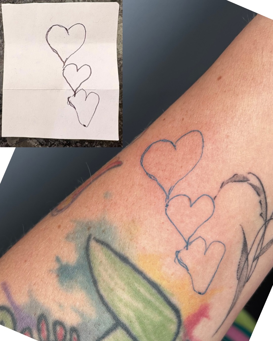 Three hearts fine line tattoo on the forearm by ๐ฆ๐๐๐ก ๐ฆ๐๐๐