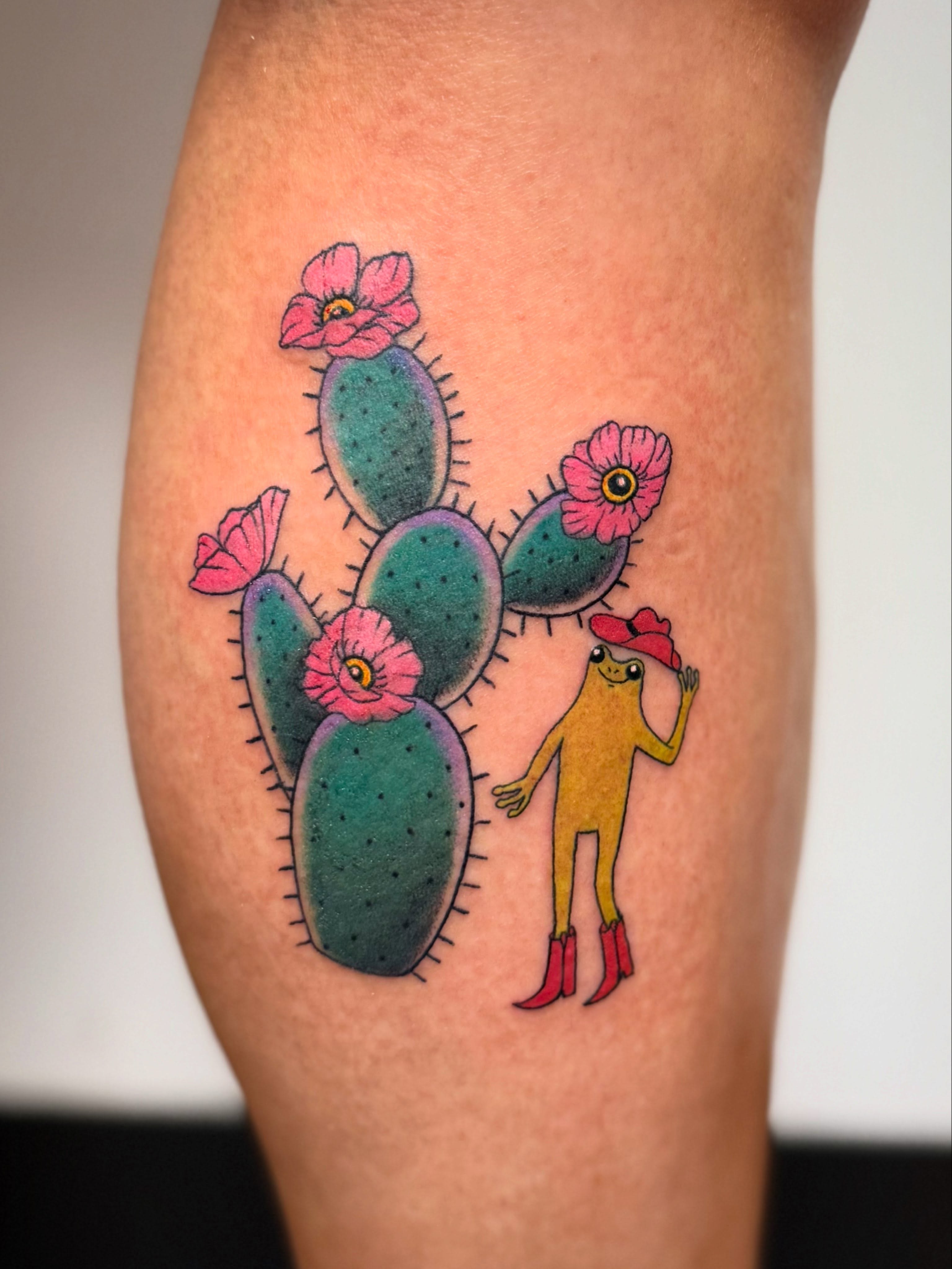 Cactus and anthropomorphic figure new school tattoo on the thigh by KT