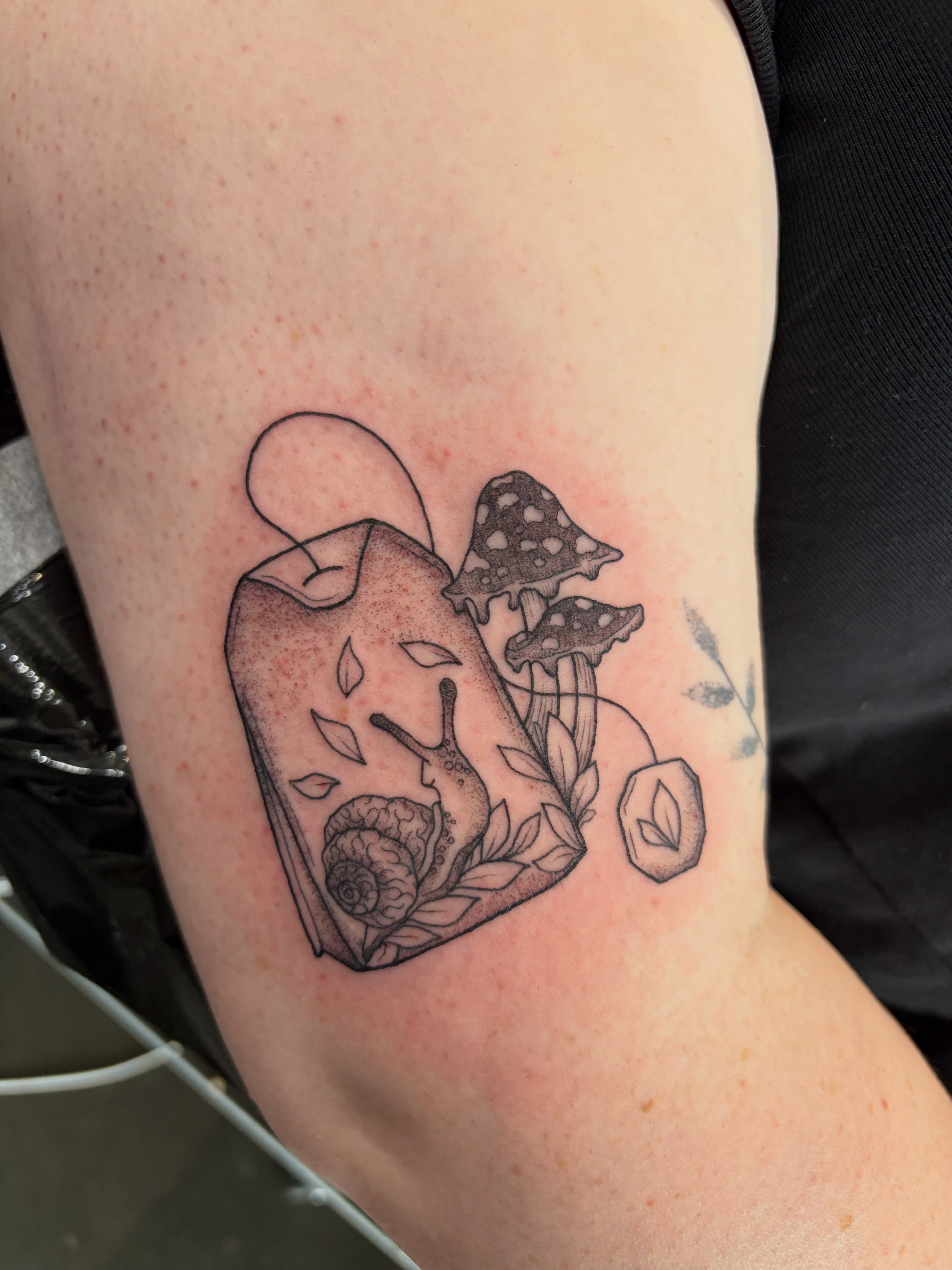 Tea bag with mushrooms and snail realism tattoo on the forearm by Poppy Olivia Deards