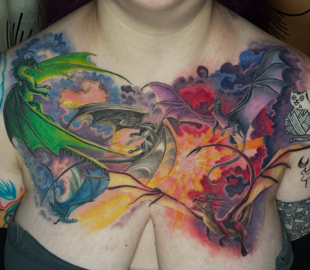 Dragons and cats dotwork tattoo on the chest by Paisley Diaz, Lombard, Illinois