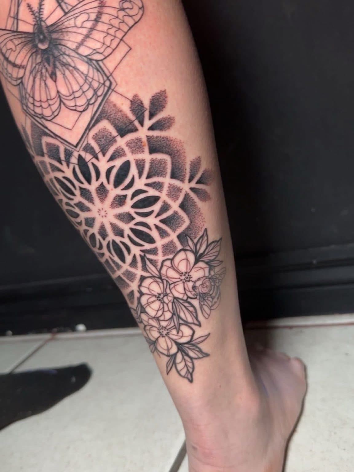 Tattoo by @halz327tattoos — black_and_grey, geometric