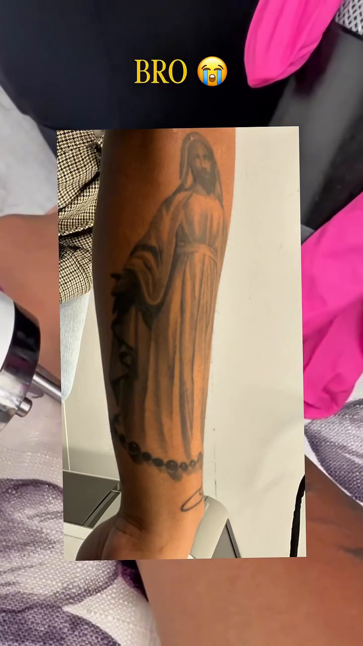 Religious figure with rosary beads realism tattoo by David