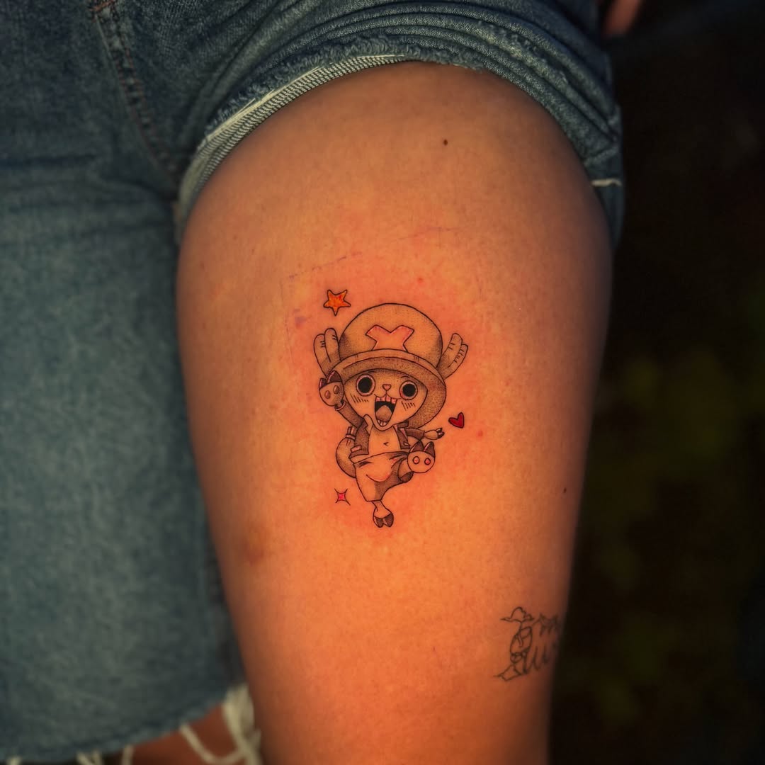 Chibi character dotwork tattoo on the thigh by 🌸Cinthia ちゃん🌹, New York, New York
