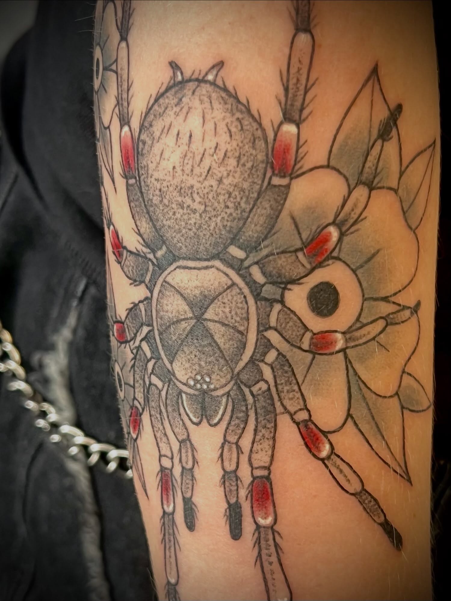 Spider dotwork tattoo on the forearm by Freya Petersen