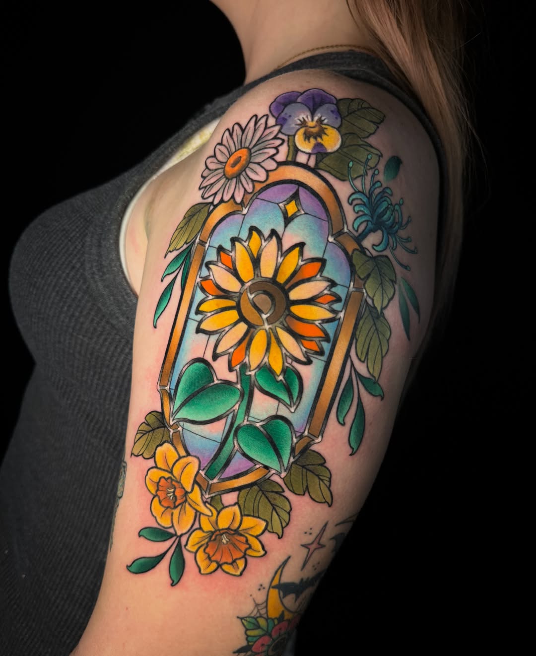 Stained glass window American traditional tattoo on the shoulder by Dee Florian