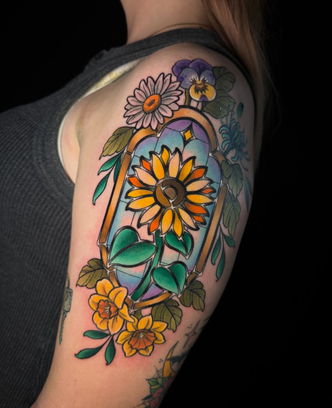 Stained glass window American traditional tattoo on the shoulder by Dee Florian