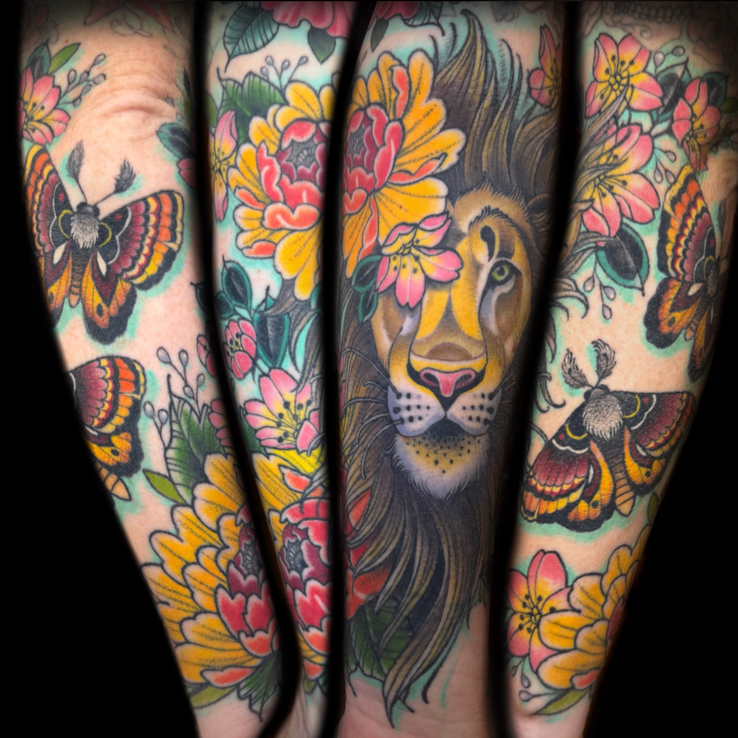 Lion with flowers American traditional tattoo on the forearm by Kelsea Weir McCree