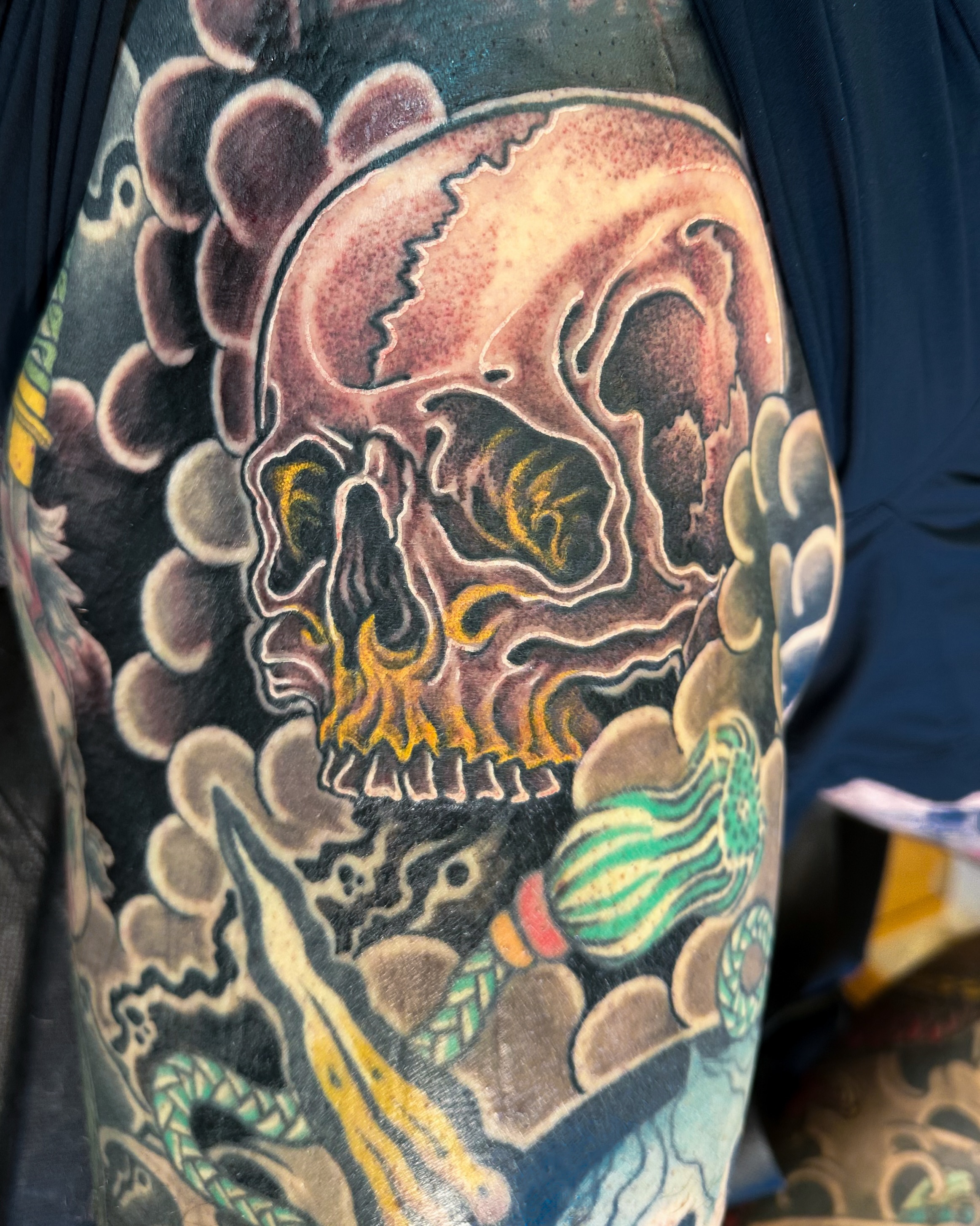 Skull American traditional tattoo on the forearm by Colin Kenji Baker, San Jose, California