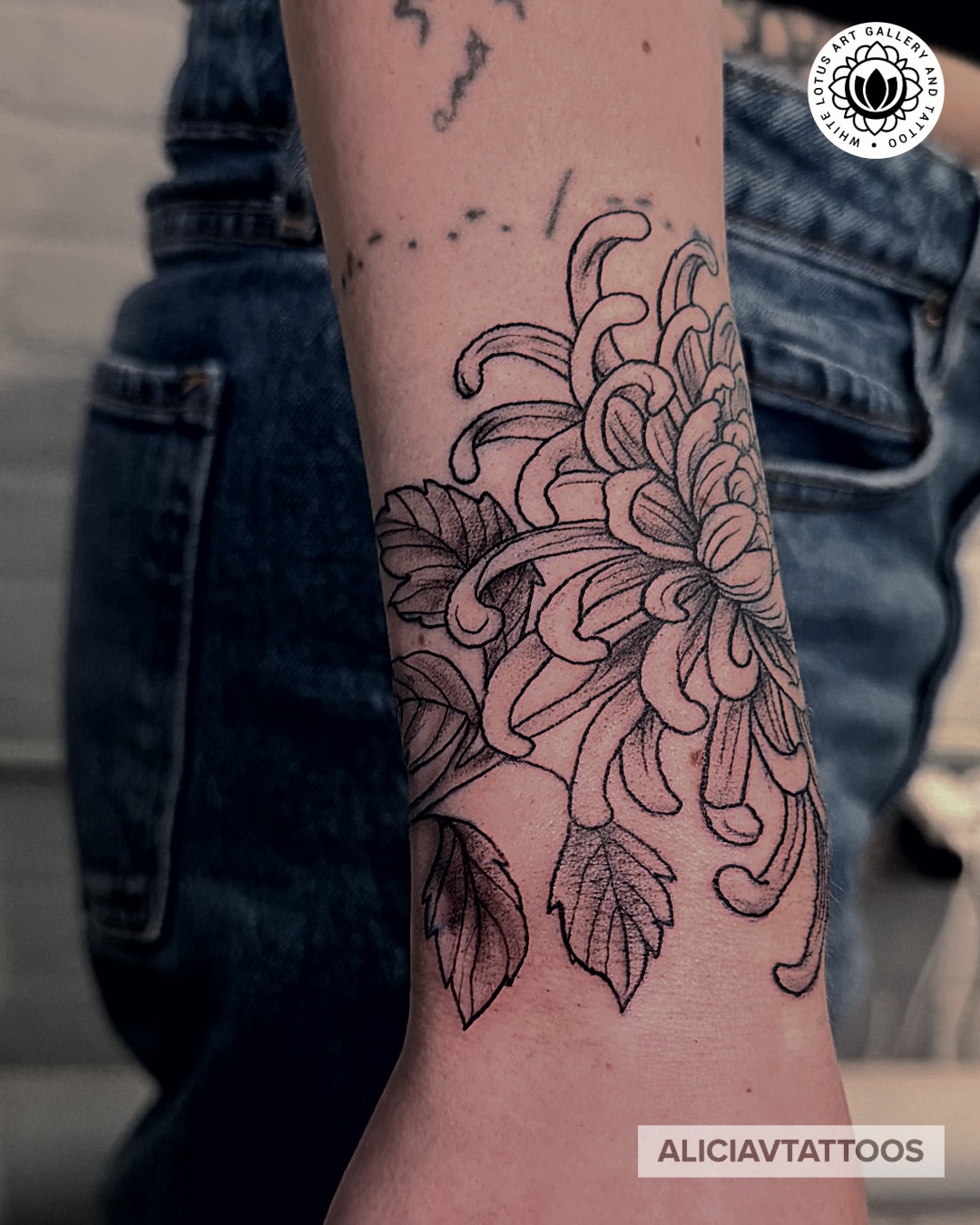 Chrysanthemum dotwork tattoo on the forearm by Alicia Vasquez