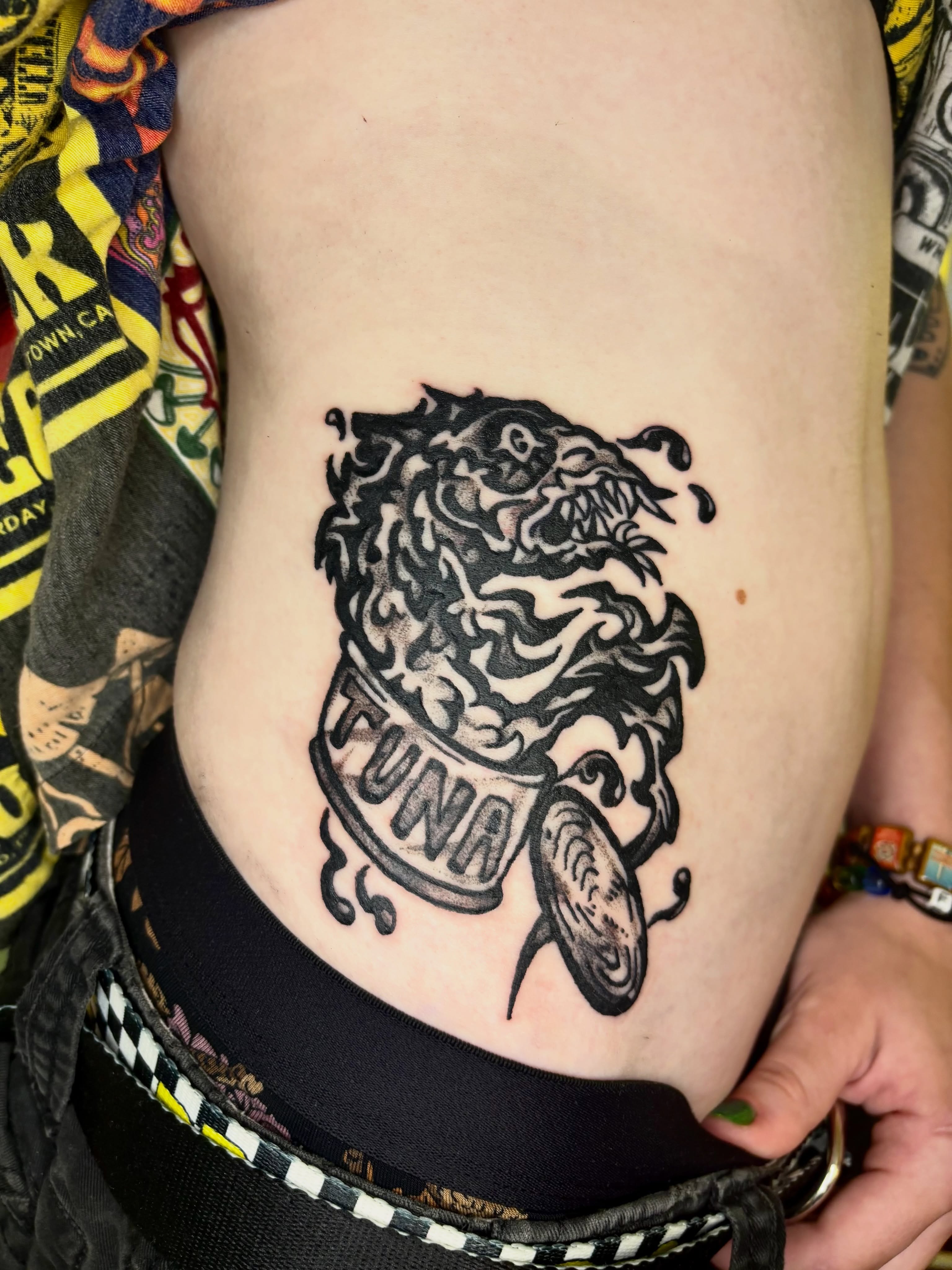 Tuna can with dragon black and grey tattoo on the ribs by Grae