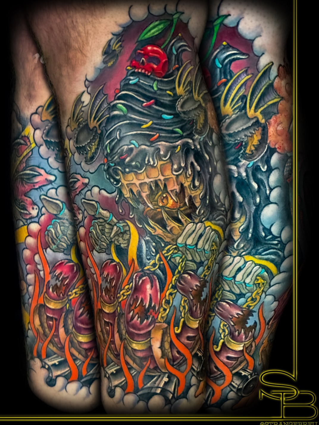 Monster American traditional tattoo on the thigh by Chris Breuer, Asbury Park, New Jersey