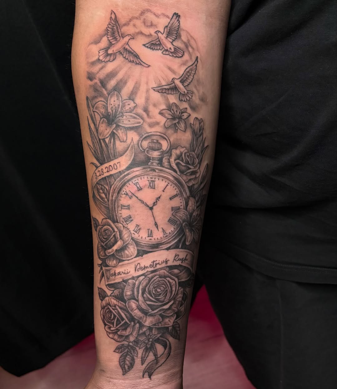 Clock and floral arrangement realism tattoo on the forearm by ~KR¥$~