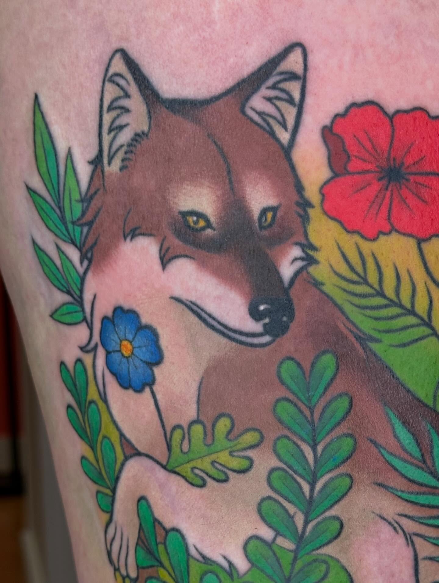 Fox and flowers realism tattoo on the forearm by ✨ Mandy Foster - Bremerton Tattoo Artist✨, Bremerton, Washington