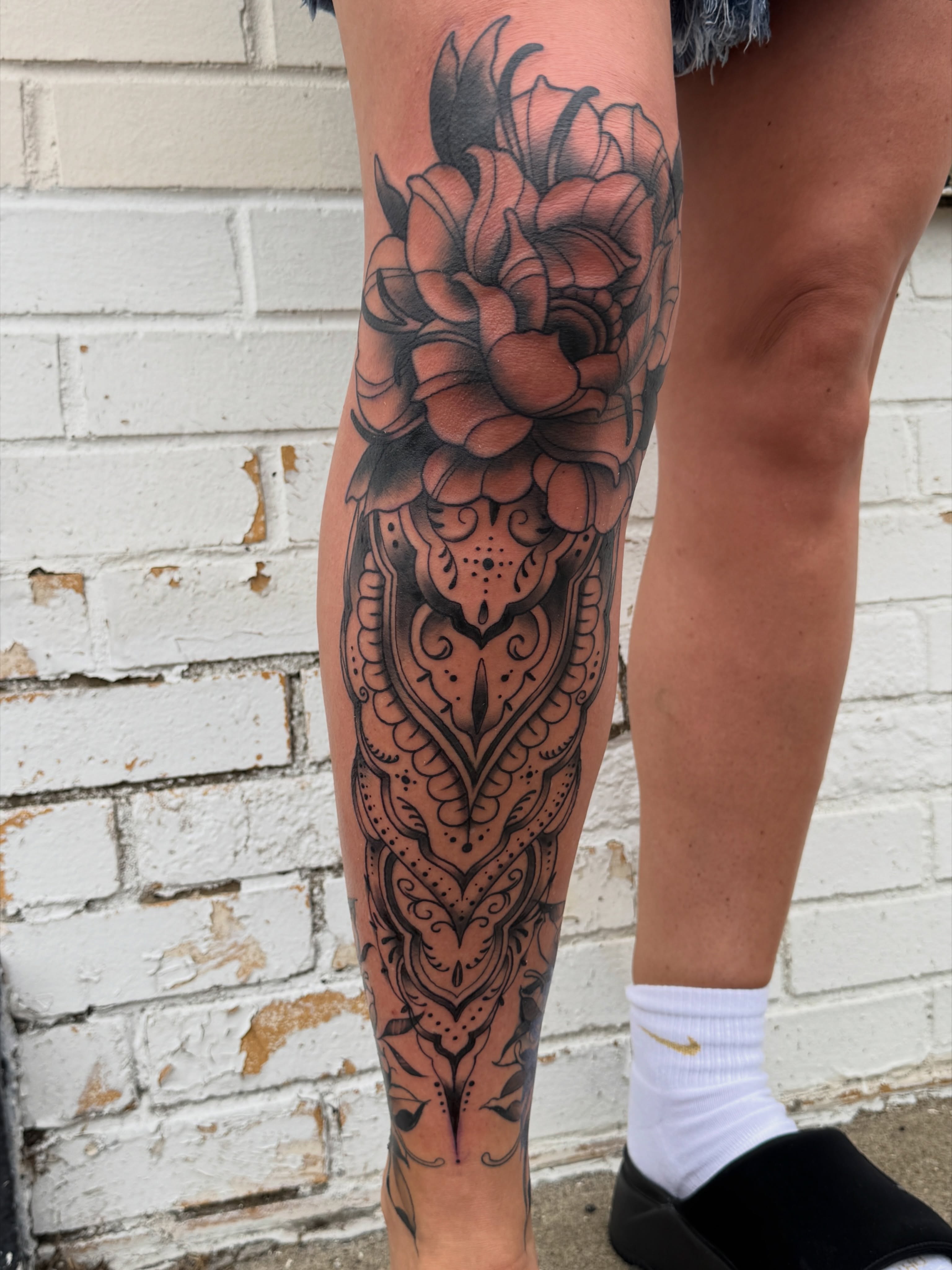 Floral mandala ornamental tattoo on the calf by Tattoos by Angel Lee
