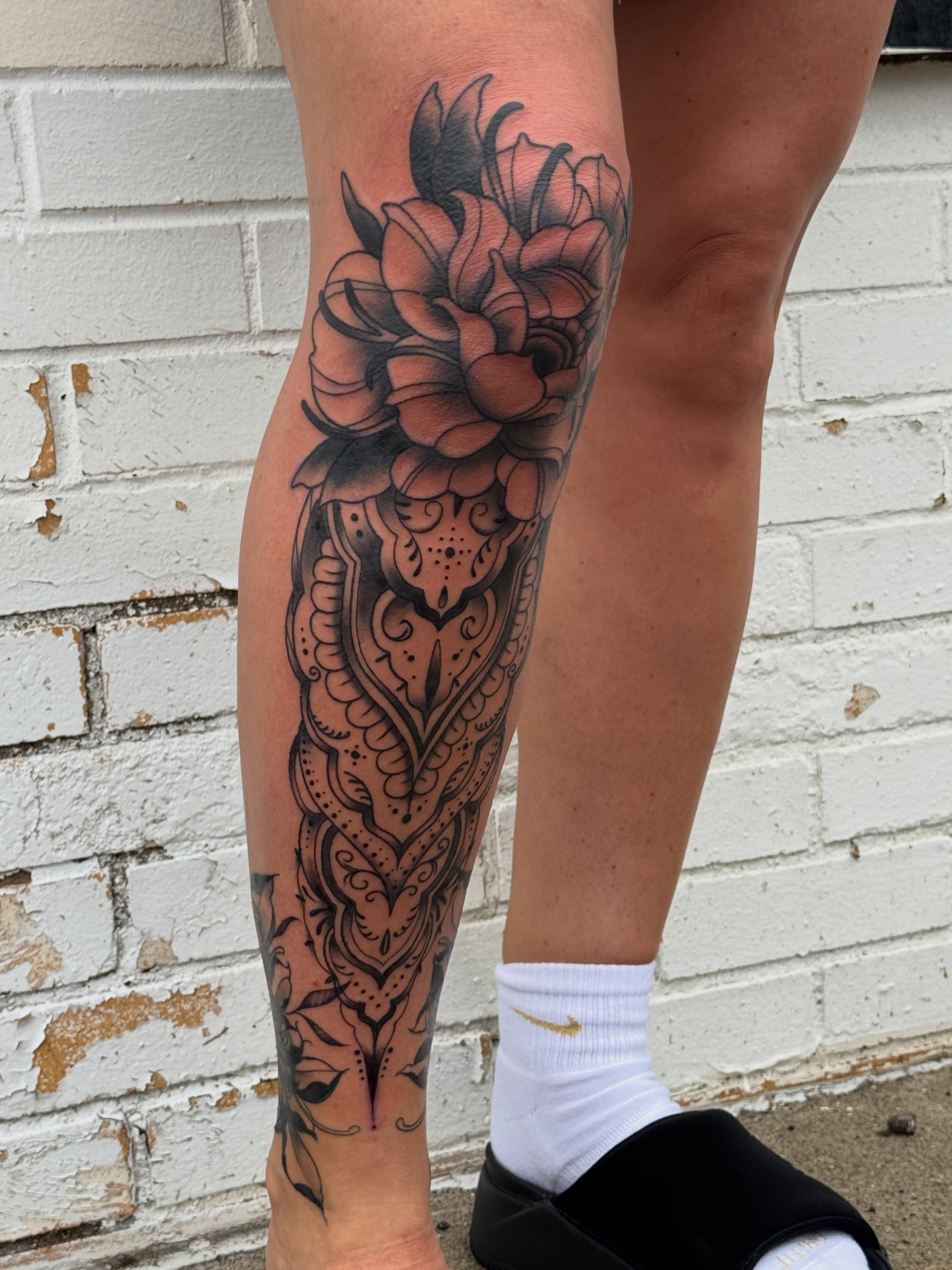 Floral mandala ornamental tattoo on the calf by Tattoos by Angel Lee