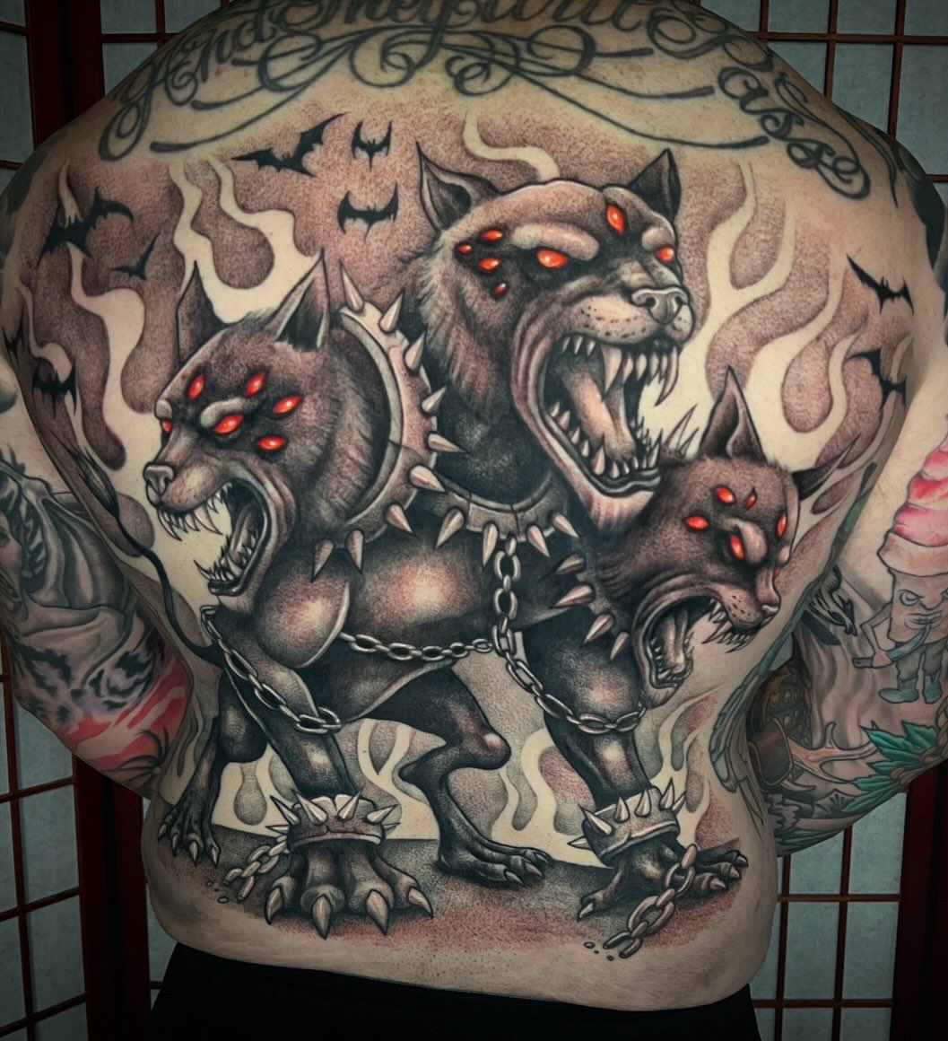 Three-headed beast dark realism tattoo on the back by π·ππ πππππ π·οΈ