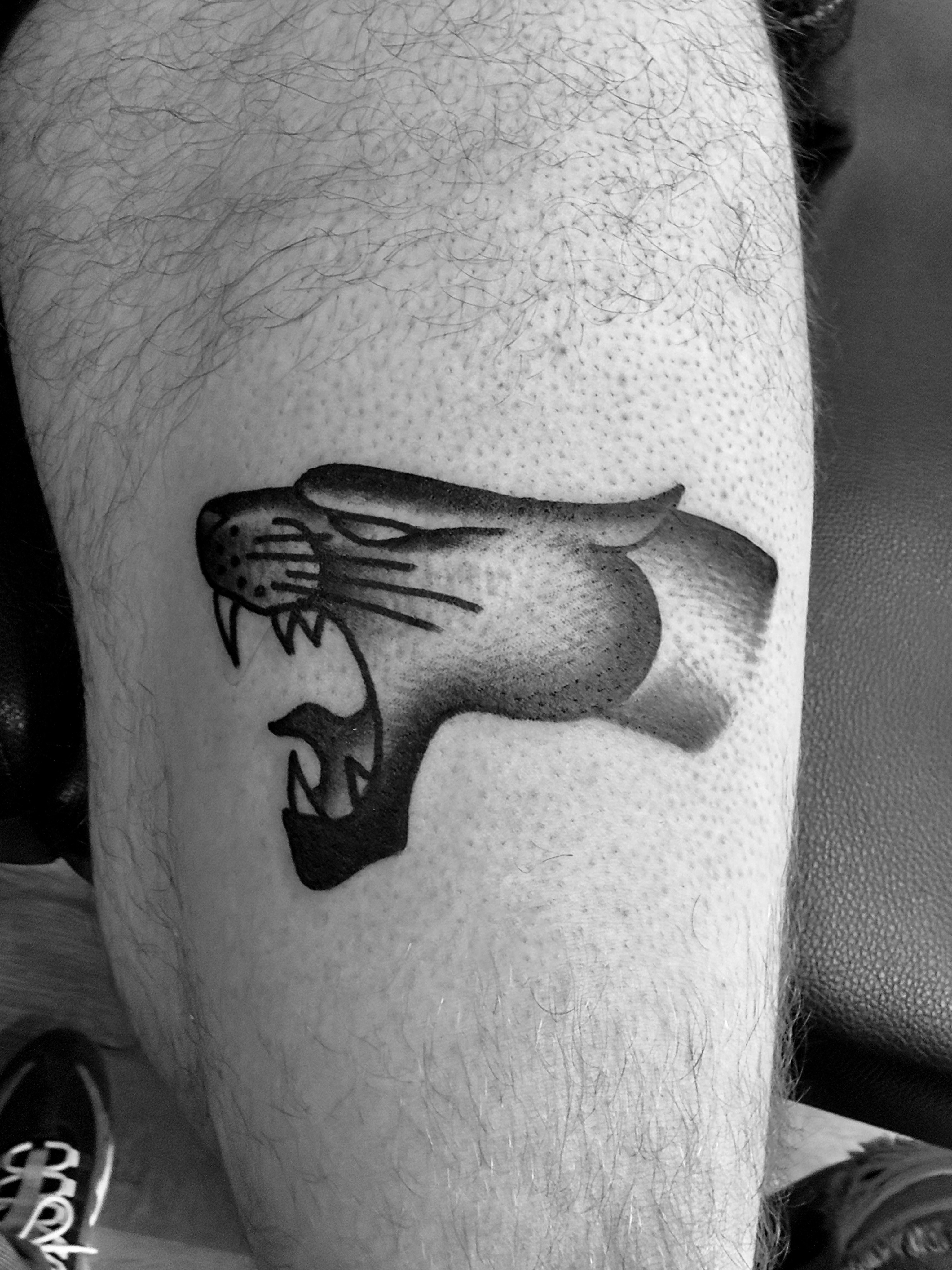 Panther head black and grey tattoo on the forearm by Jimmy Kelley