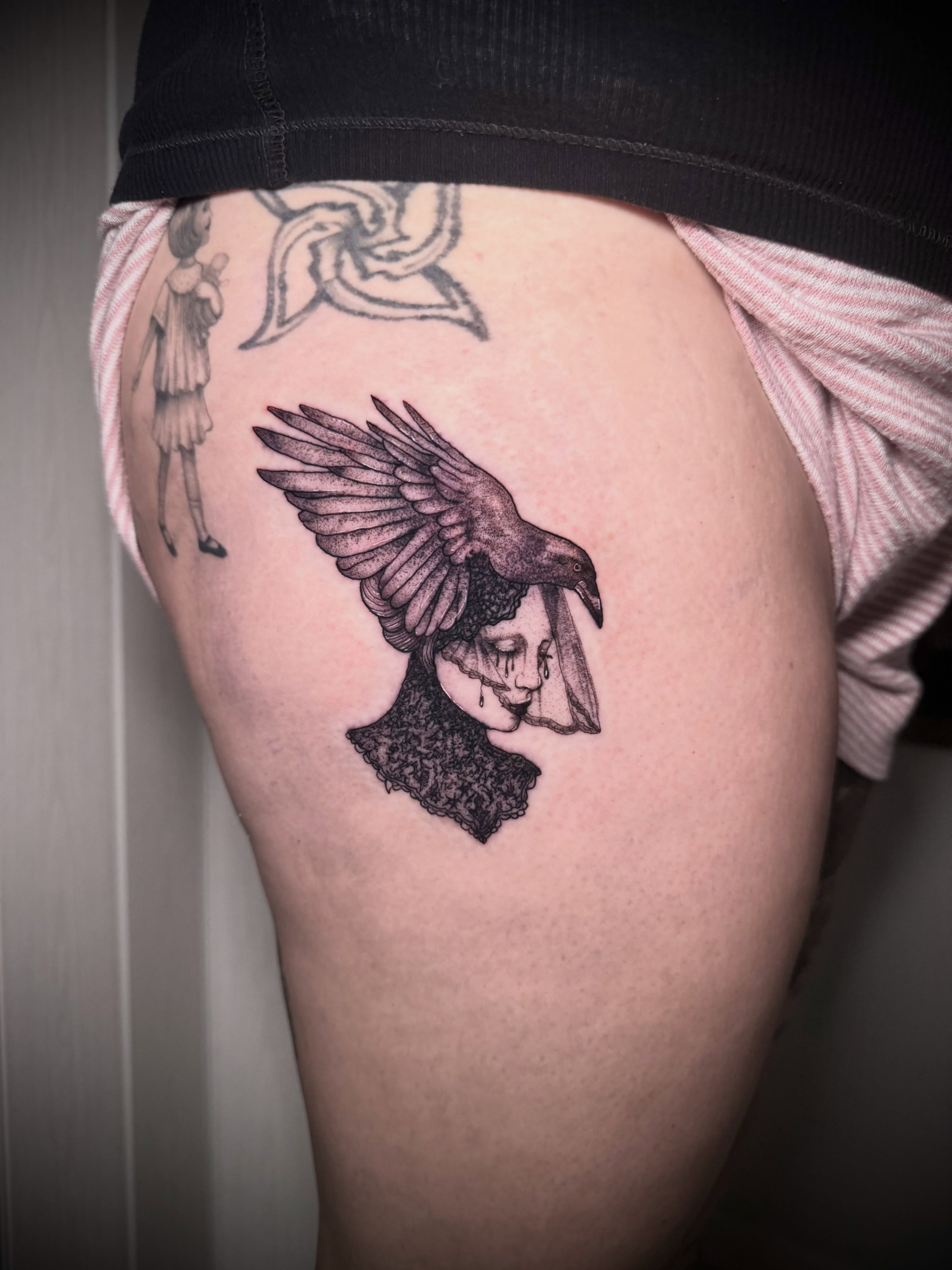 Tattoo by @spikes.and.daisies — dotwork, black_and_grey