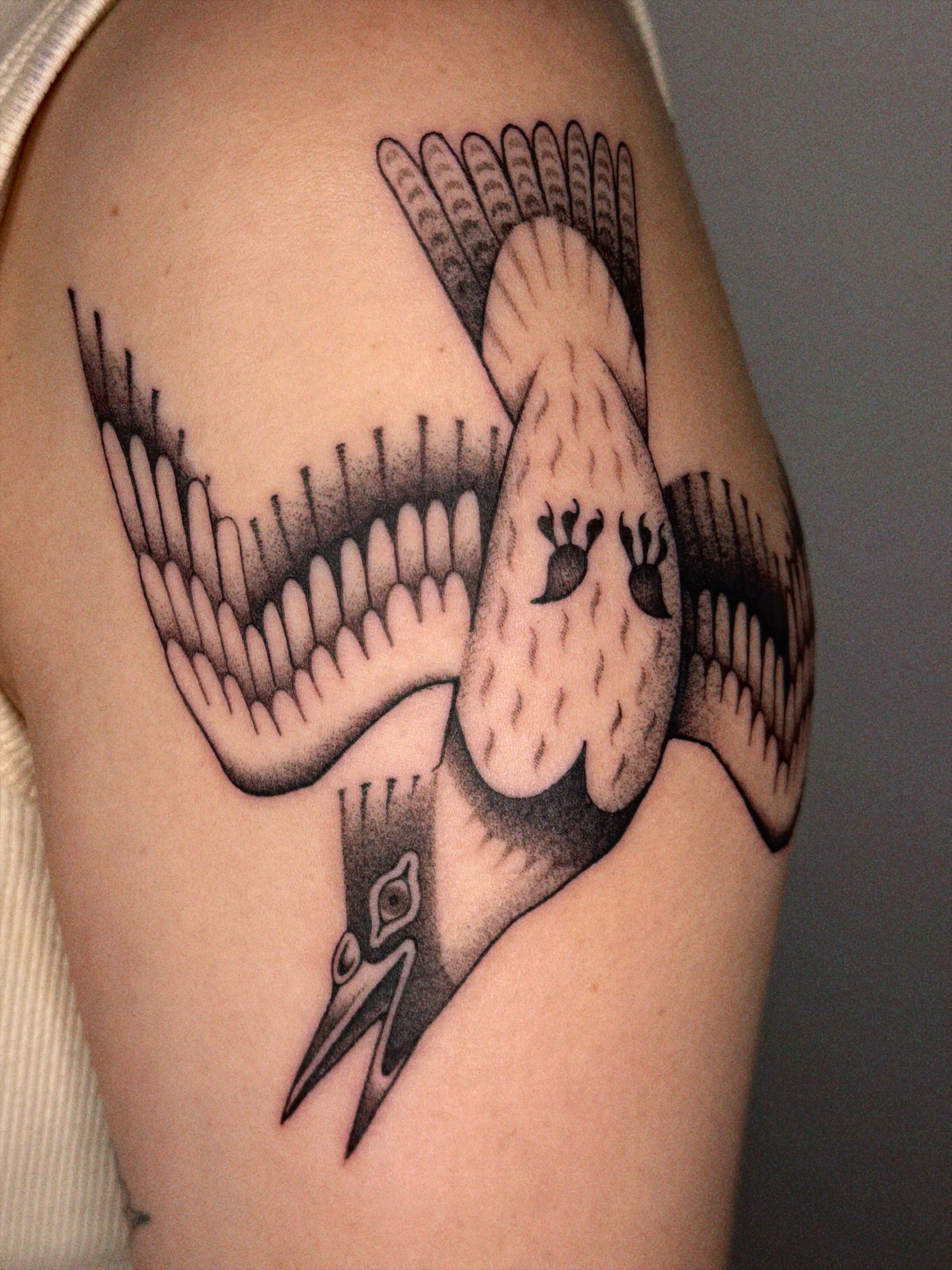 Bird black and grey tattoo on the shoulder by @inkshame